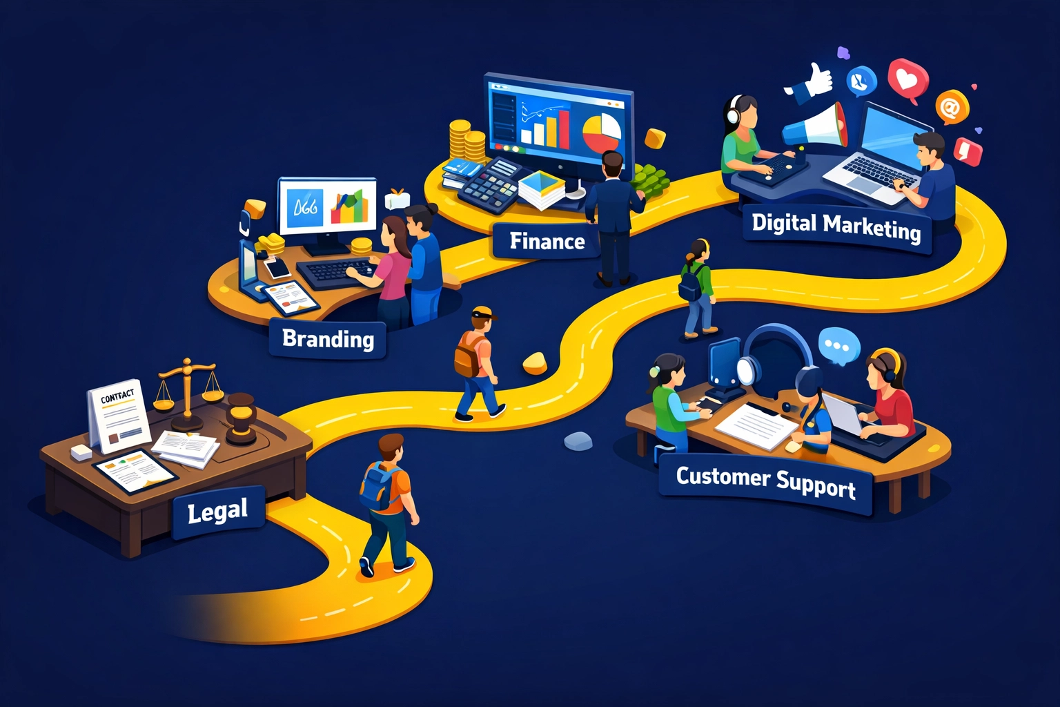 Startup founder's journey through key business operations including legal, branding, and financial stations