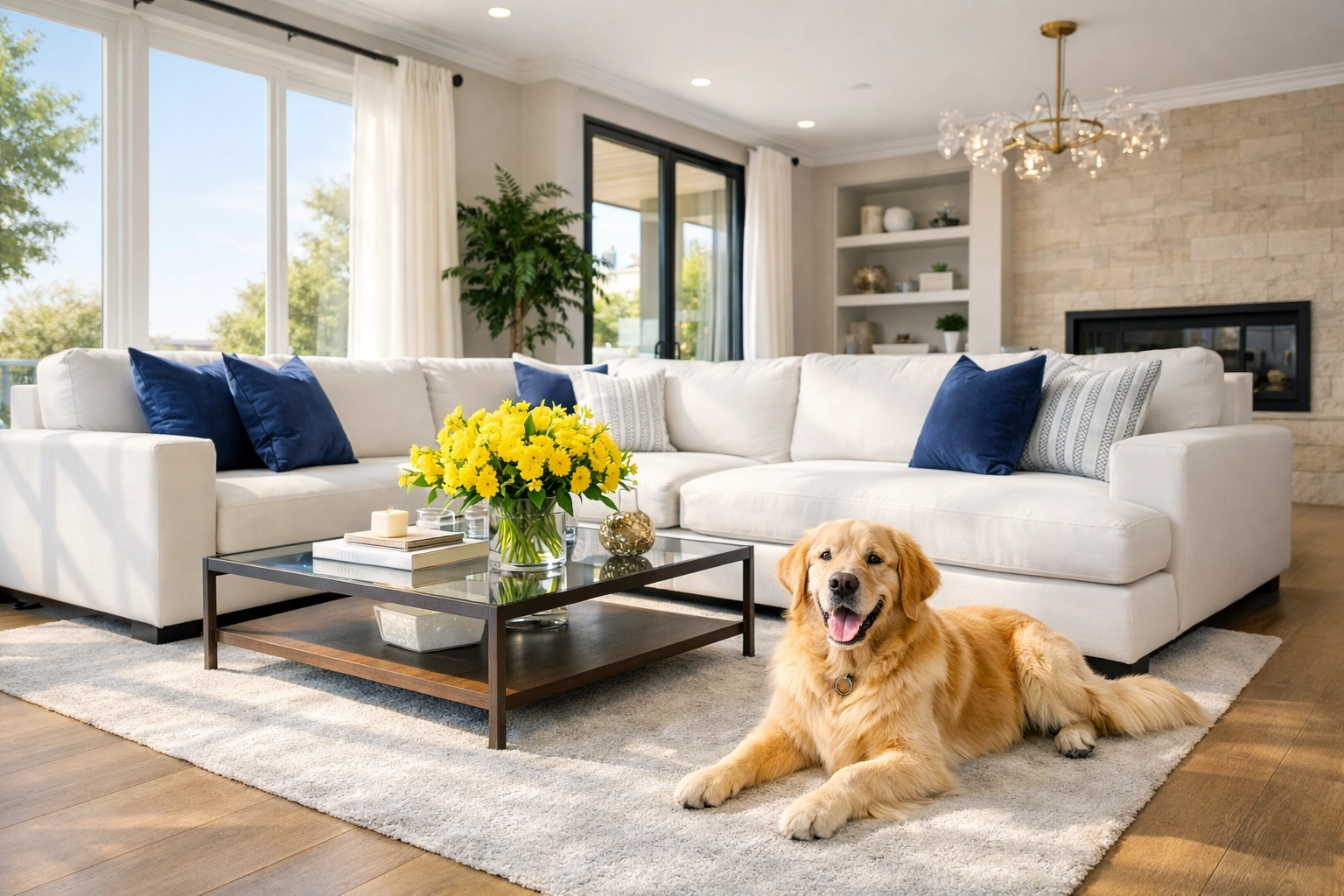 A clean, sun-lit Lancaster living room with a golden retriever lounging on the floor after a professional cleaning.
