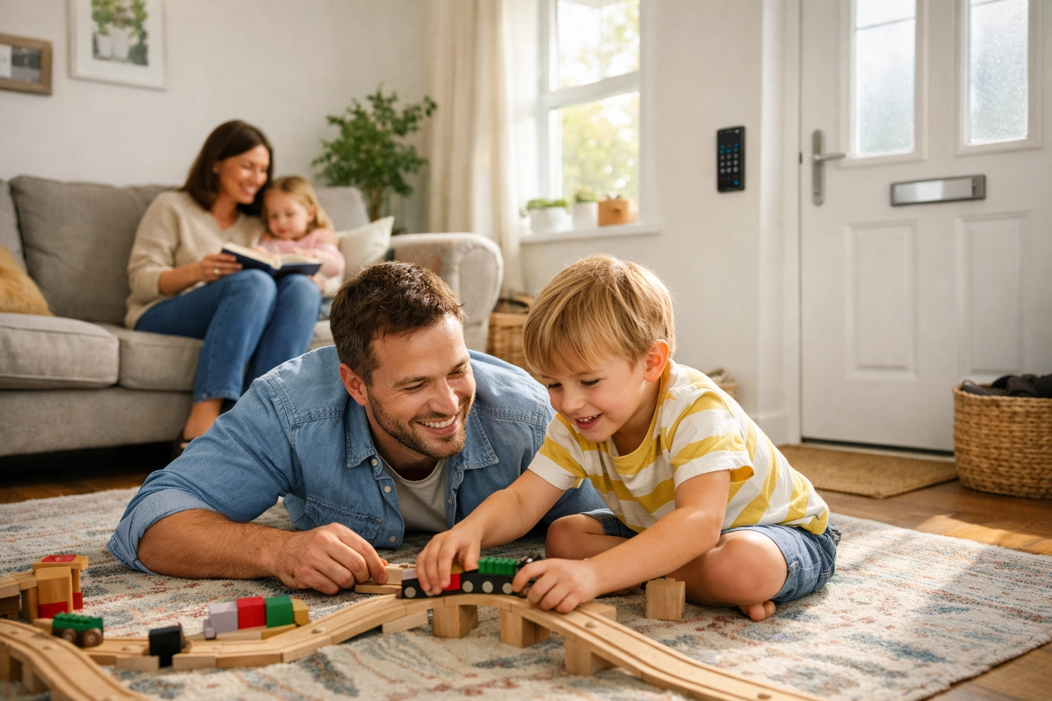 Happy family in a safe home with a discreet intruder alarm keypad installed near the front door.