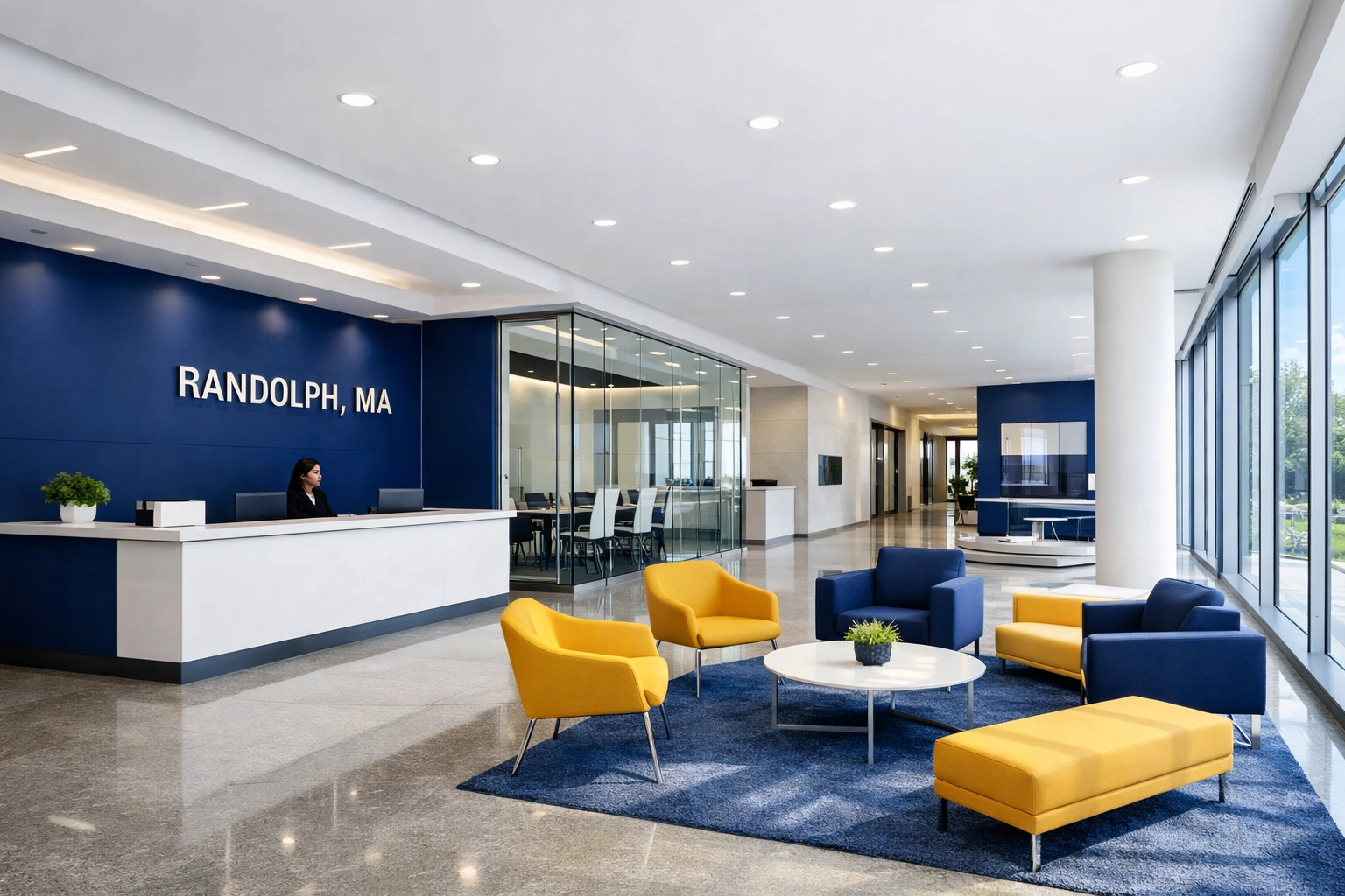 Modern commercial lobby in Randolph MA featuring polished stone floors and a professional reception area.