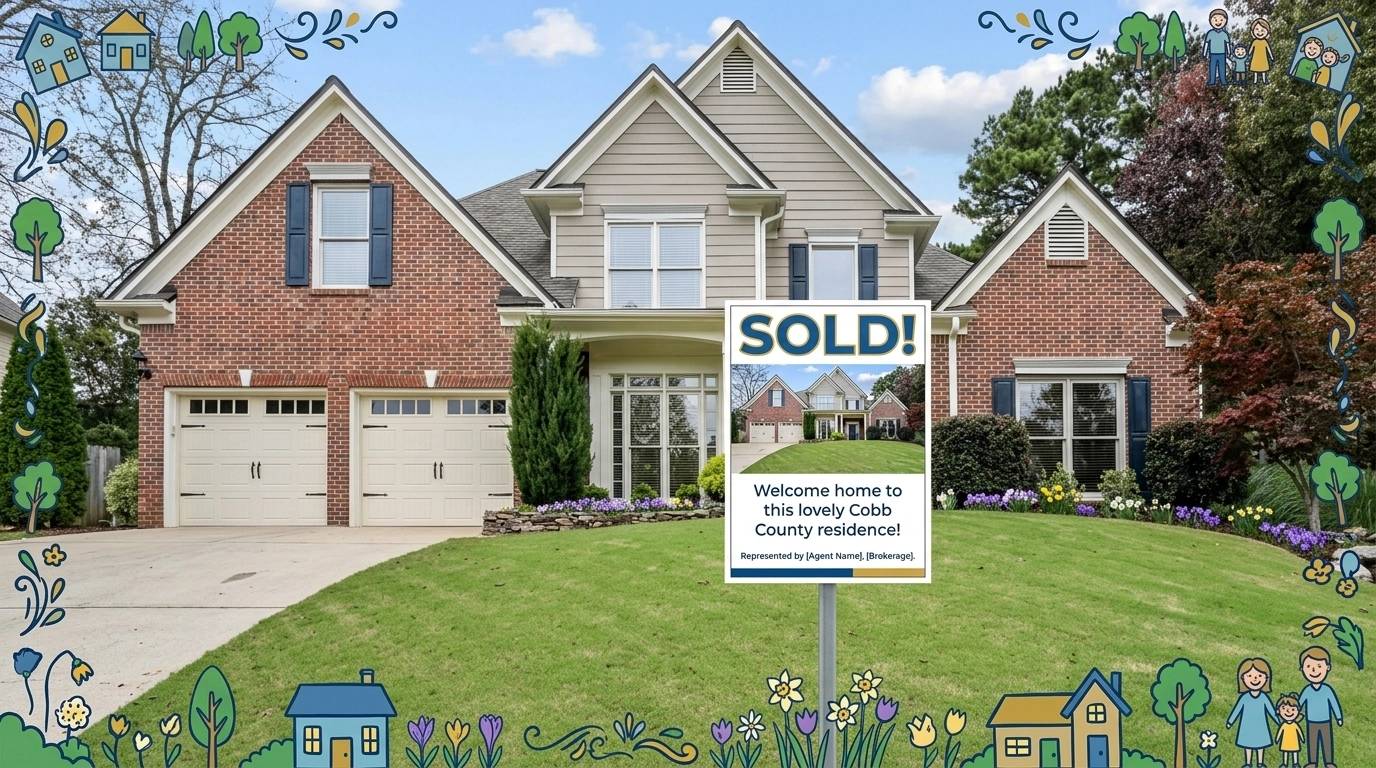 Sold Sign in Front of Traditional Brick Home Sold Sign in Front of Traditional Brick Home