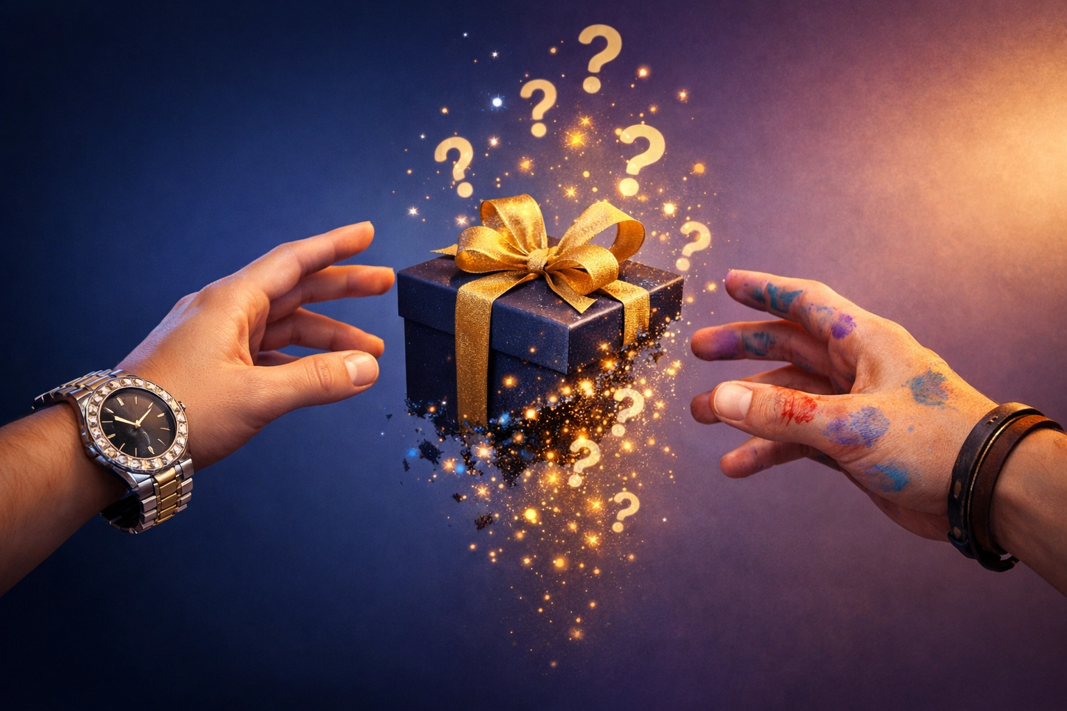 Hands reaching across wealth gap with gift symbolizing MM romance relationship complexity