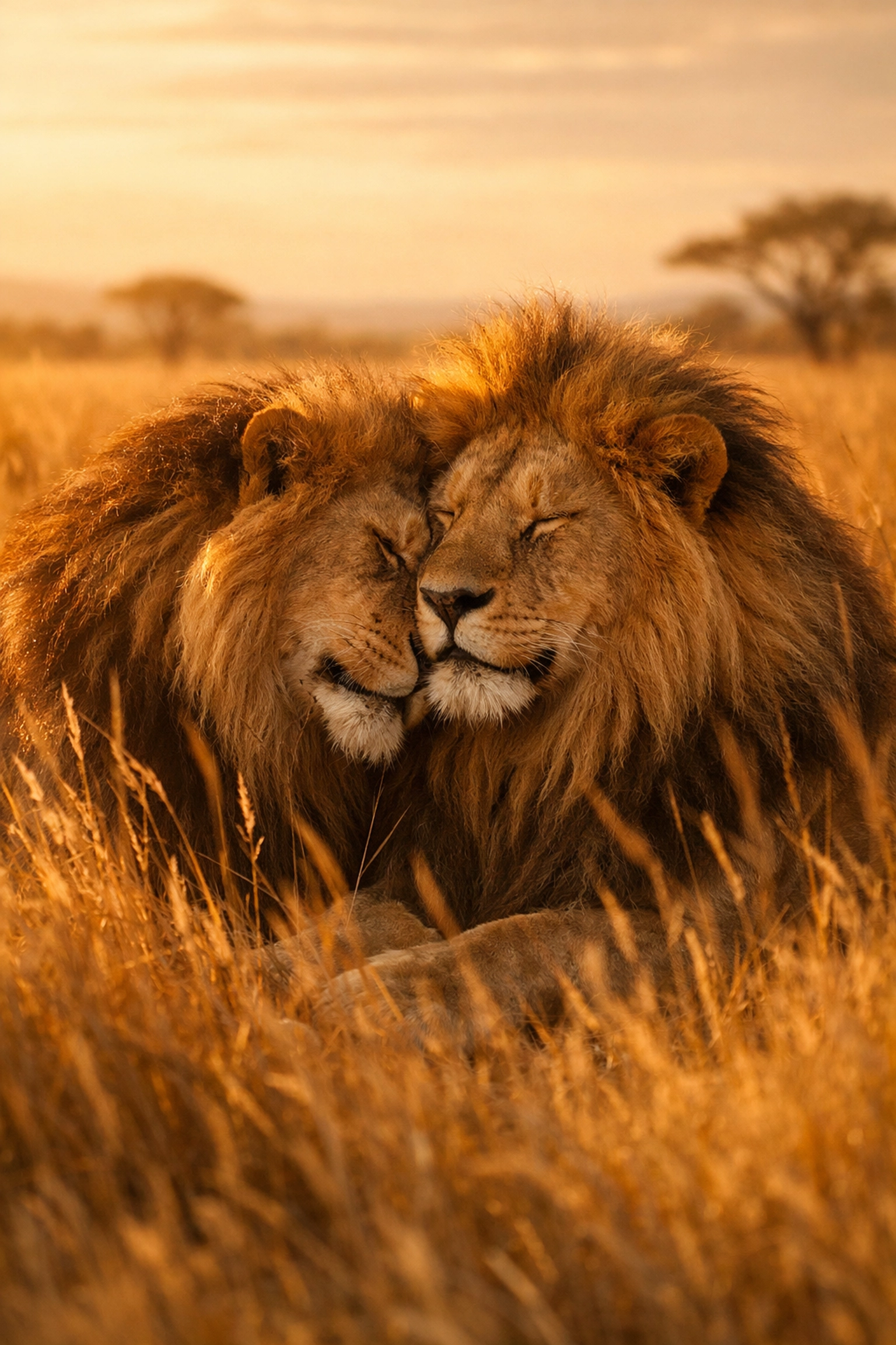 Two male lions nuzzling in the savanna, showing social bonding and same-sex alliances in the wild.