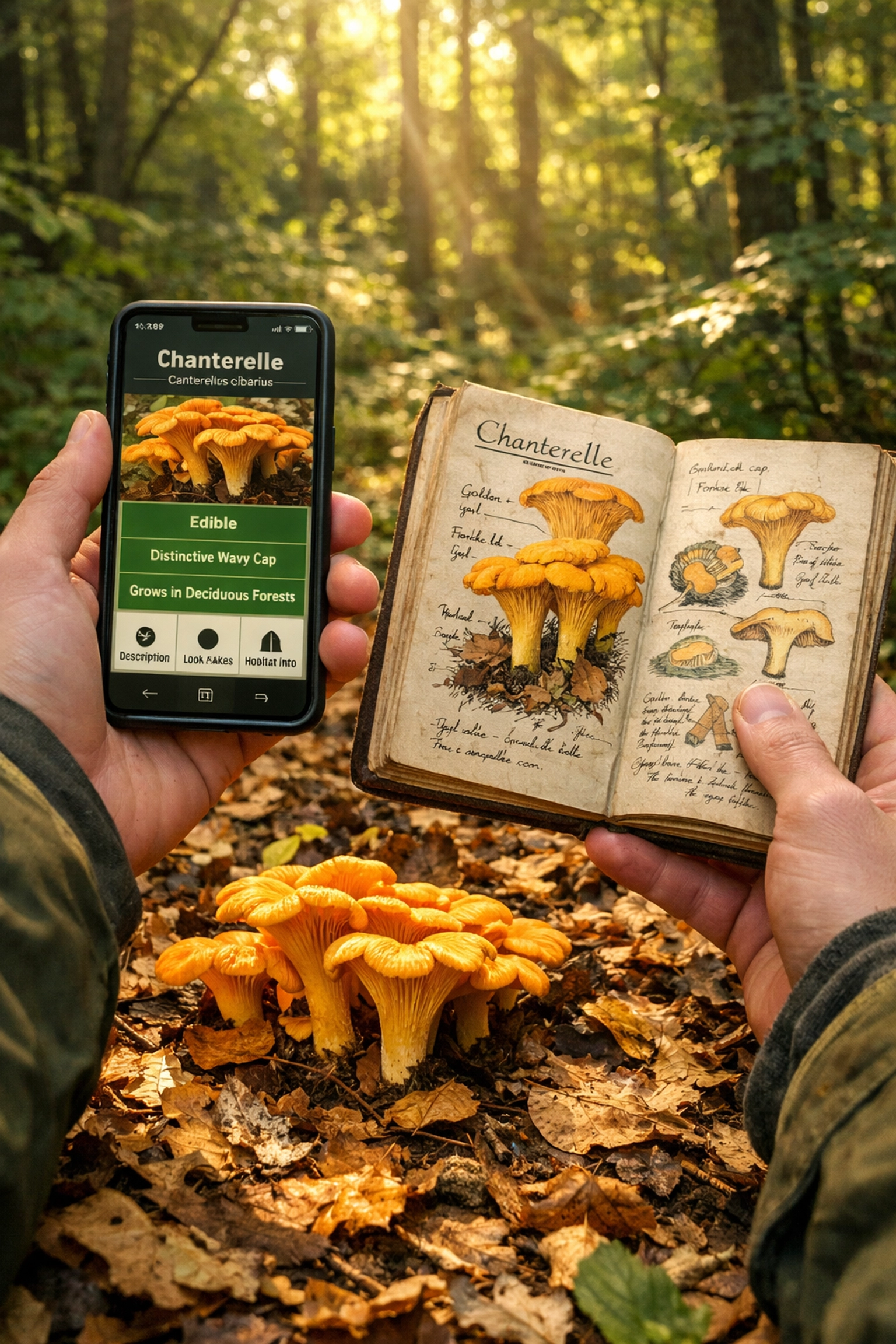 Using a field guide and phone app to identify chanterelle mushrooms while learning bushcraft skills.