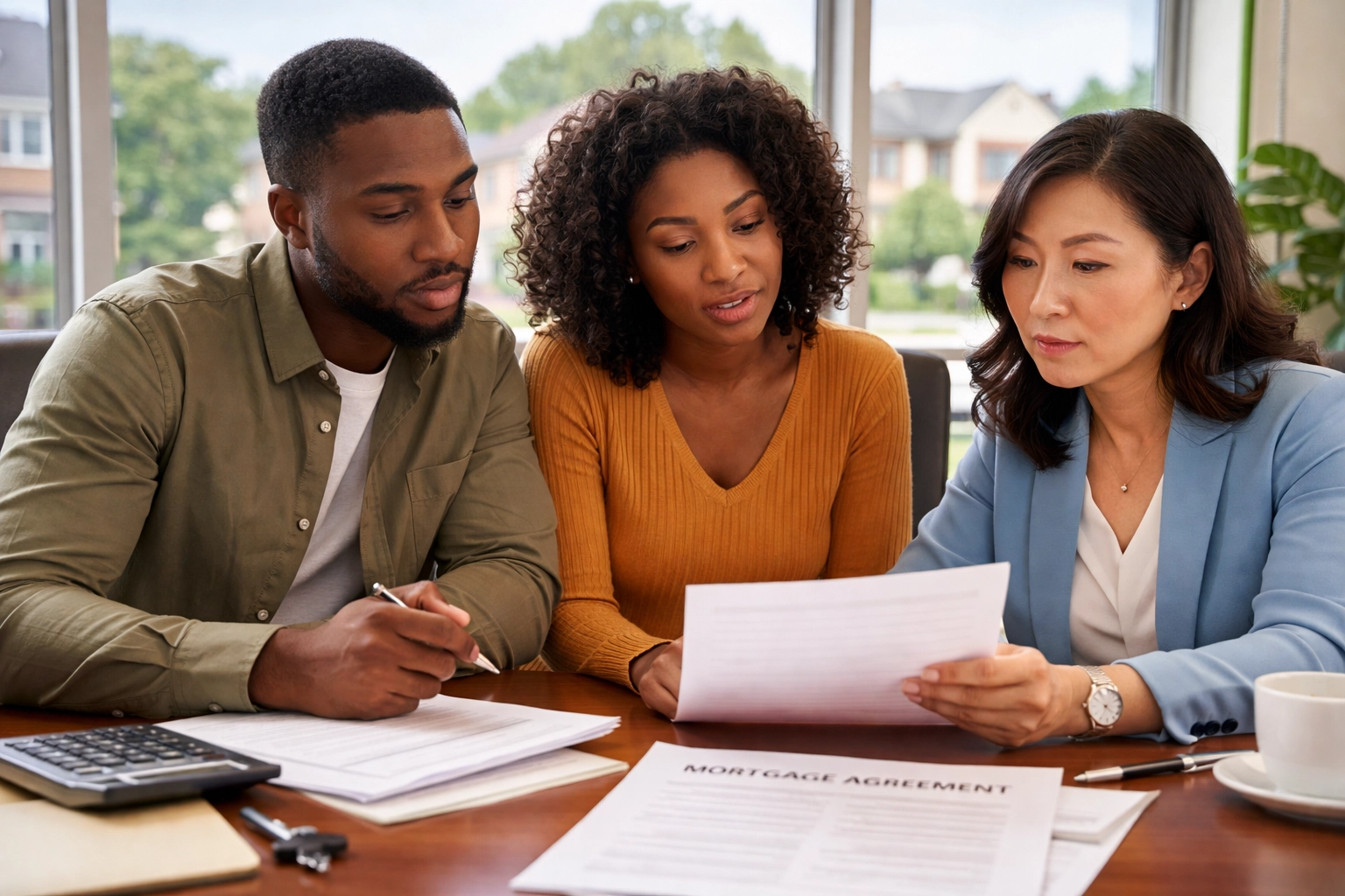 Maryland home buyers reviewing mortgage documents and discussing real estate financing options