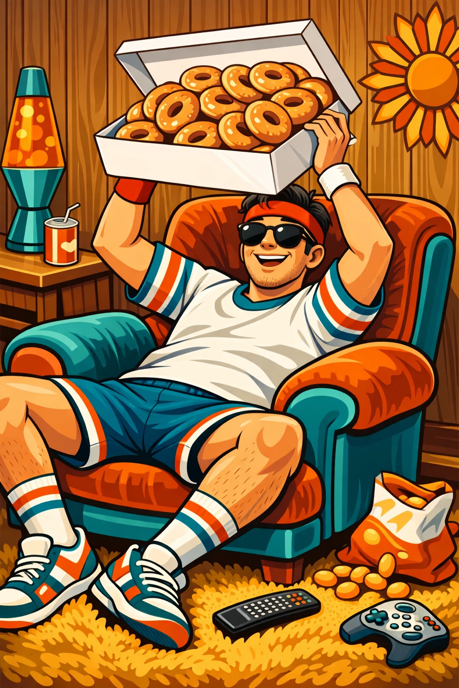 Man in a varsity style funny t-shirt lounging in a retro armchair with a box of donuts.