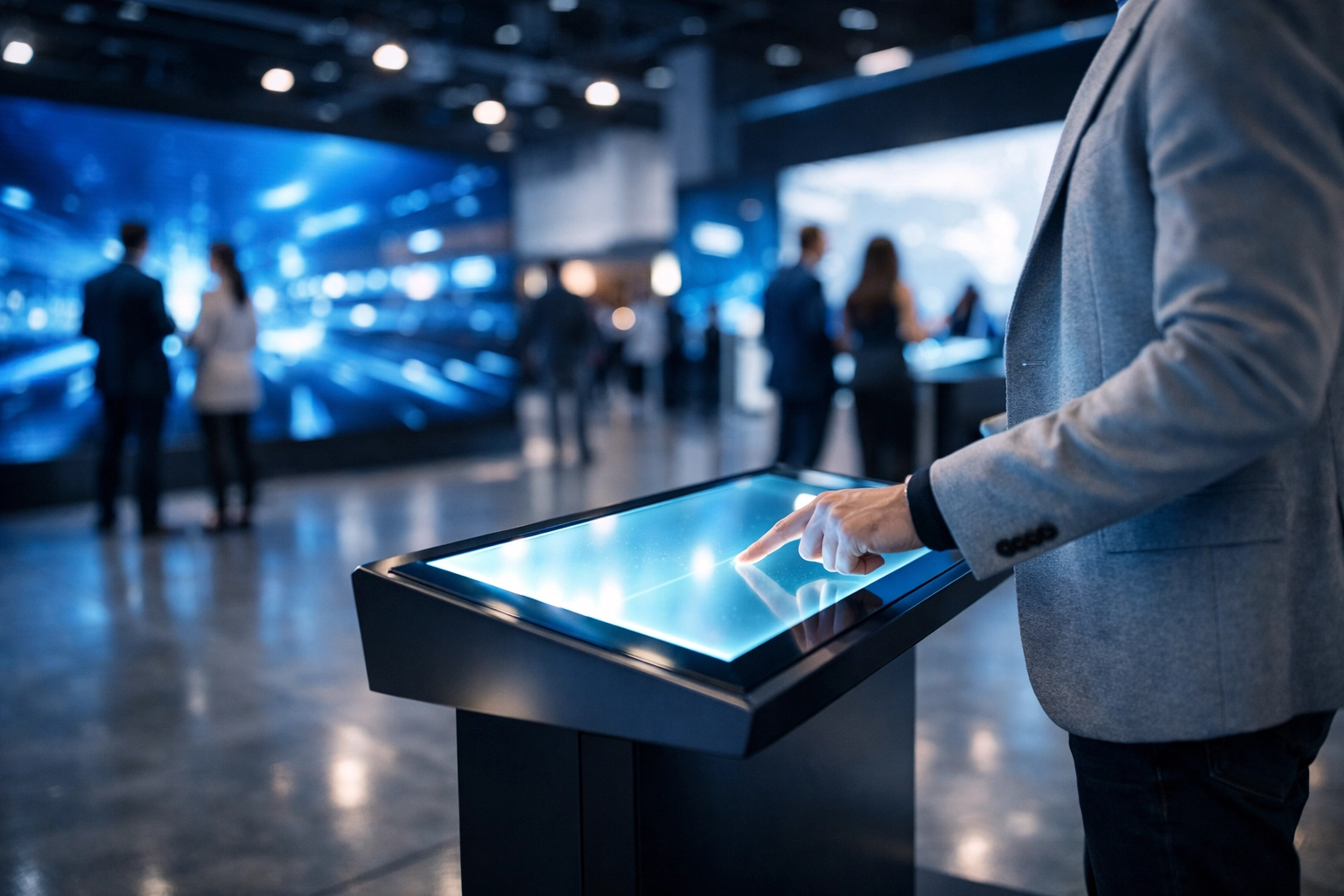 Interactive digital media kiosk at a modern brand activation zone for sponsorship engagement.