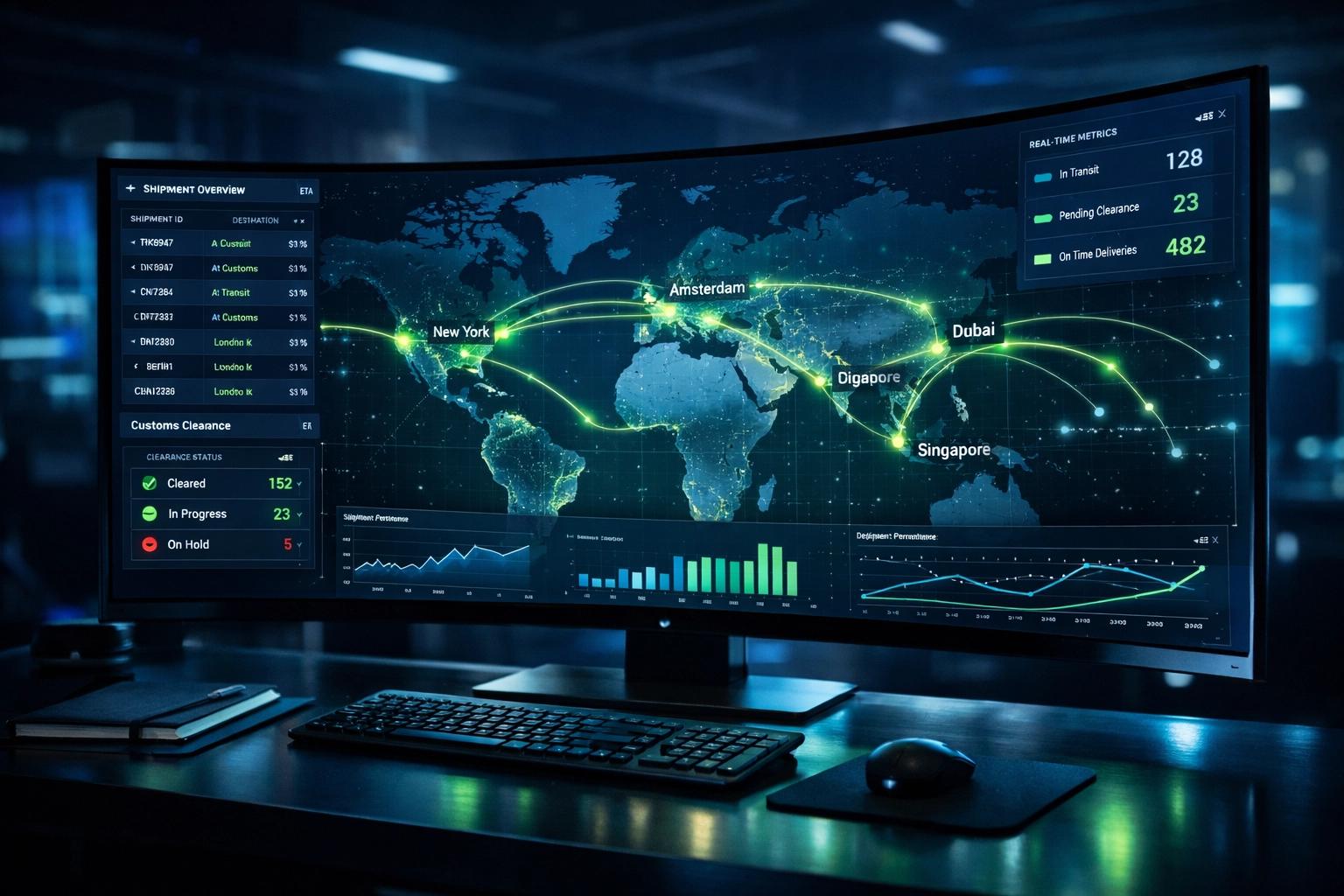 Real-time logistics tracking dashboard showing shipment status and customs clearance data