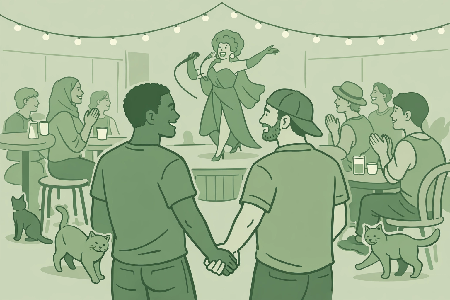 Queer community event at cat cafe featuring drag performance and rescue animals