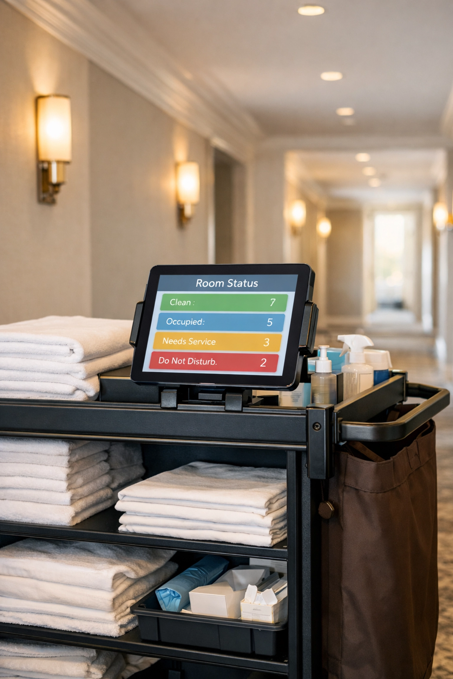Housekeeping cart with tablet showing automated room status updates