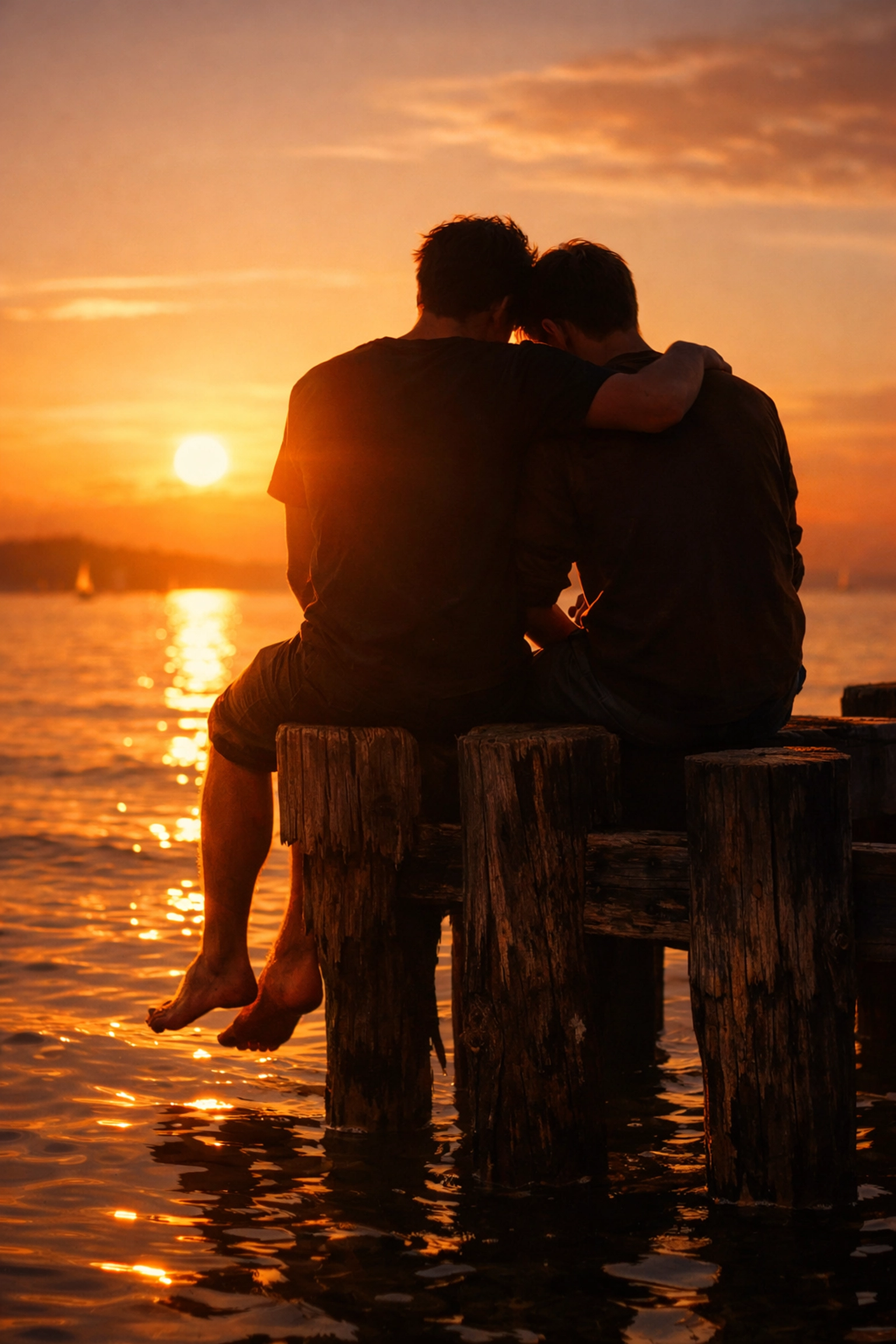 Queer men sharing intimate moment at sunset on Baltic Sea dock, capturing Hiddensee's spirit of freedom