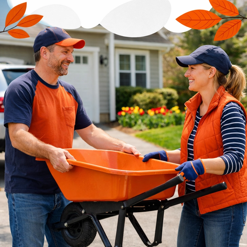 Neighbors in Woburn sharing a wheelbarrow for spring gardening projects through the Chartrflex rental platform.