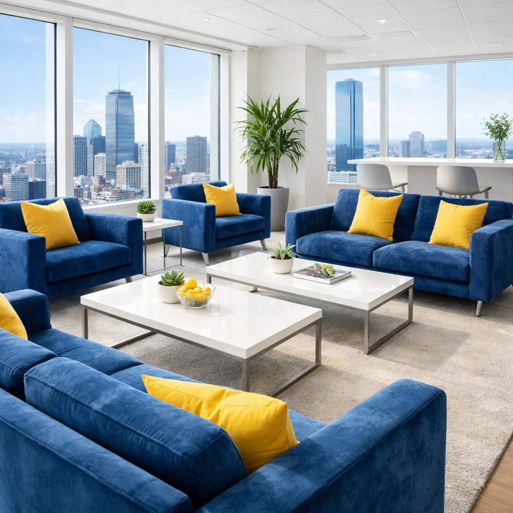 Vibrant and clean corporate lounge area in a Boston high-rise office maintained by professional cleaners.
