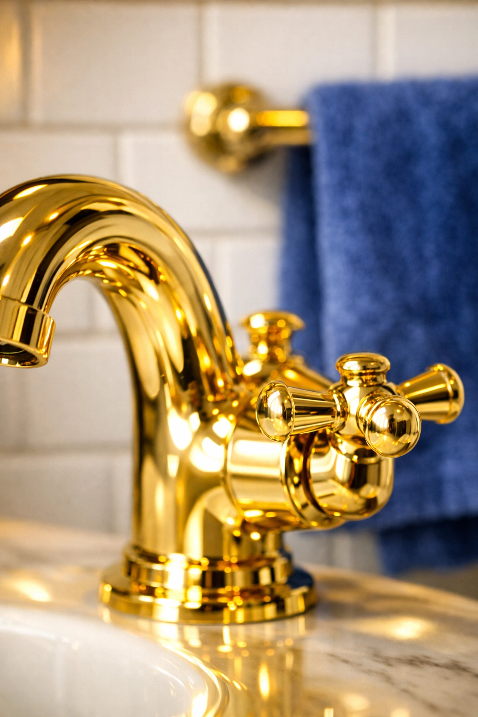 Spotless gold bathroom faucet and clean tile surfaces following a professional construction deep clean.