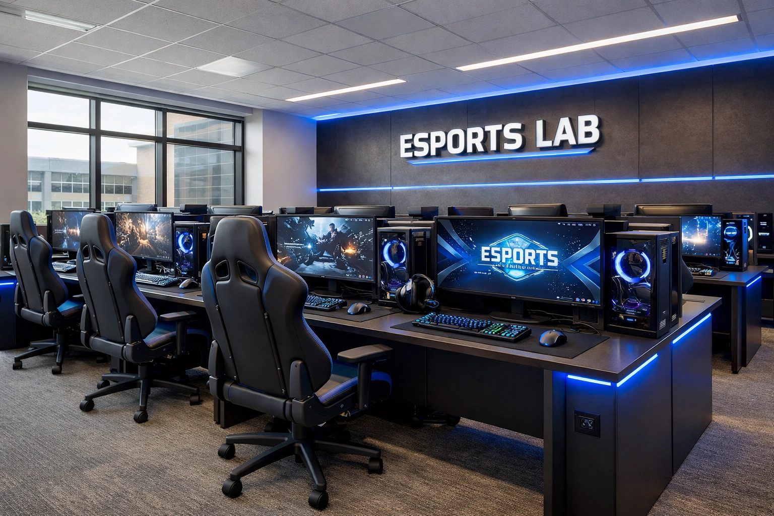Modern high school esports lab featuring professional gaming pods for educational growth and simulation.