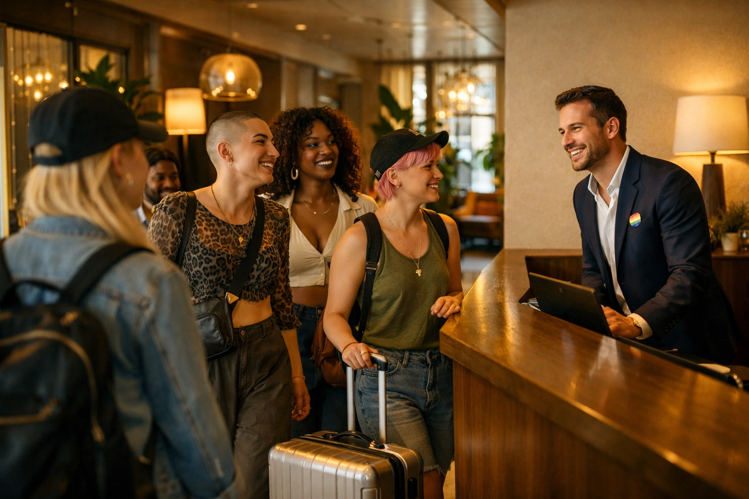 Diverse LGBTQ+ travelers and trans friends receiving a warm welcome at an inclusive hotel lobby.
