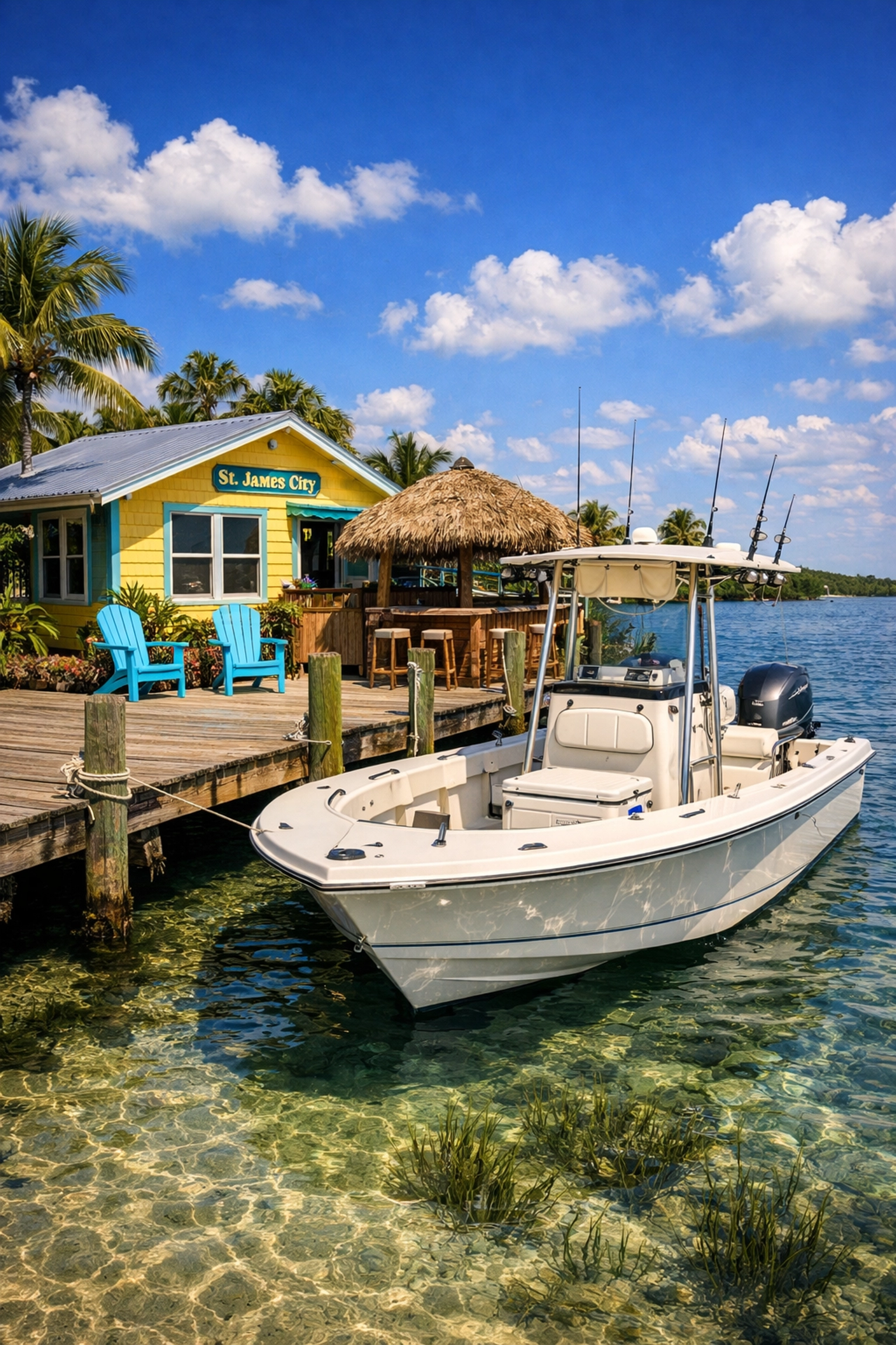 A fishing boat docked at an Old Florida cottage in St. James City, Pine Island with a tiki hut.