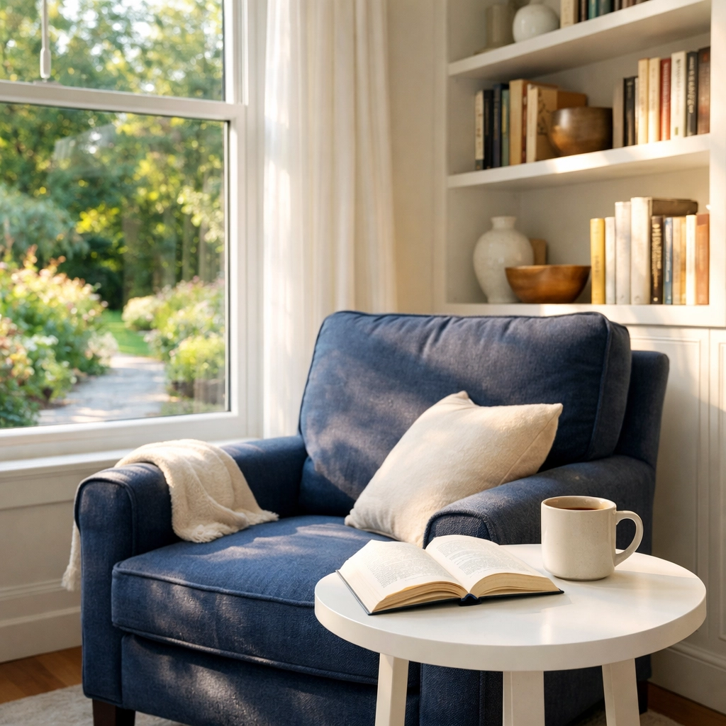 Dust-free reading nook in a pristine Ashby MA home after recurring house cleaning services.
