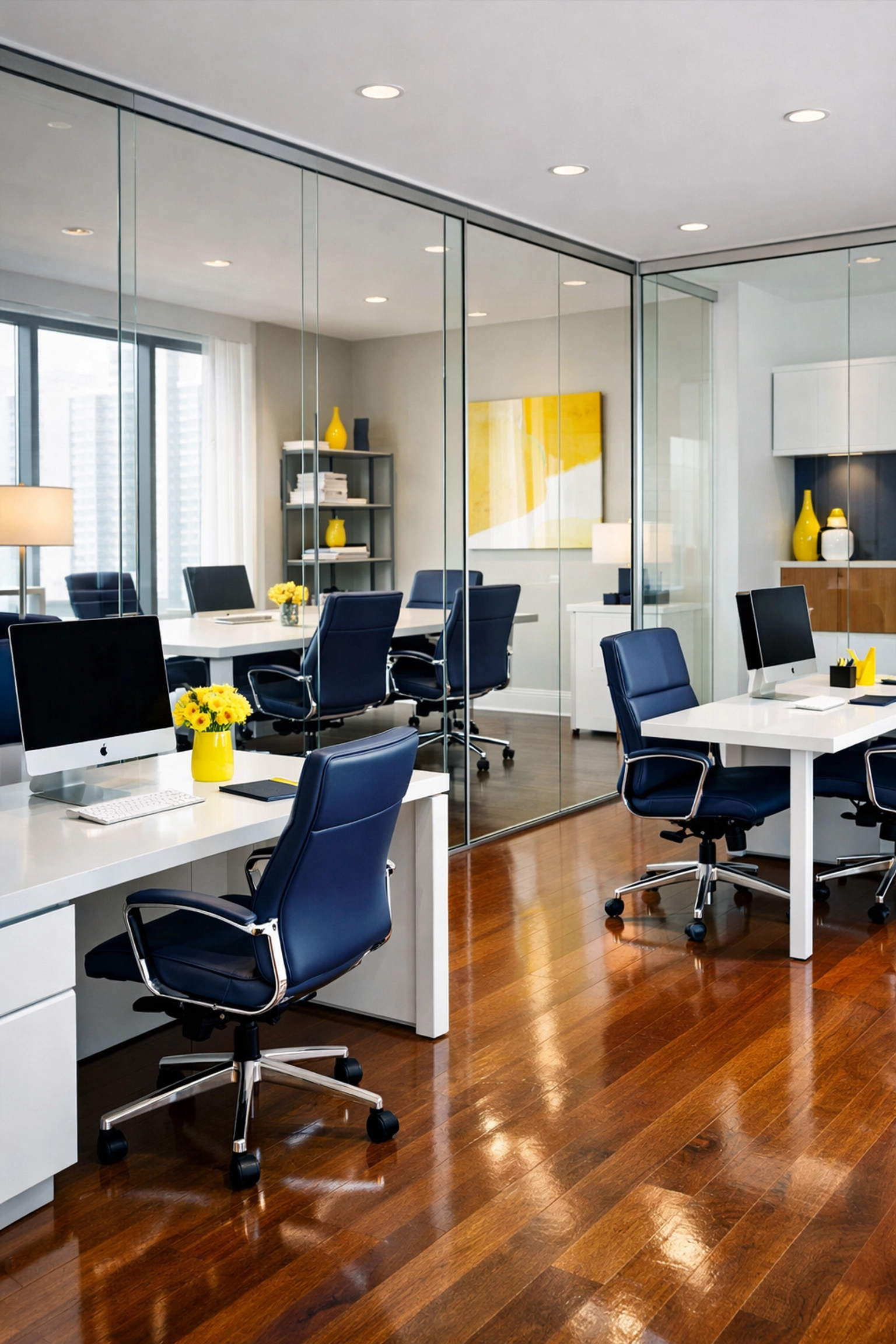 Professional cleaners maintaining a modern minimalist office for commercial cleaning clients.