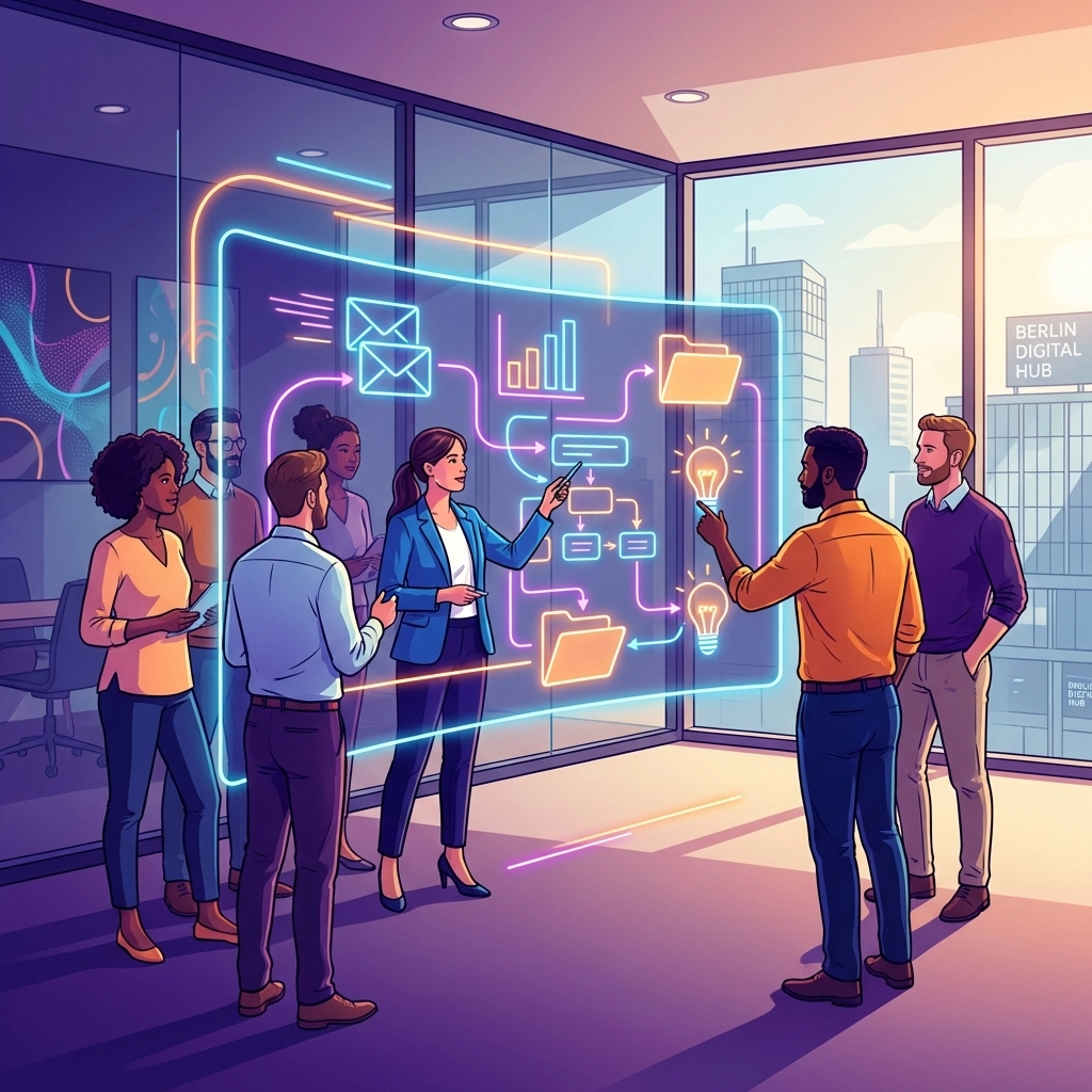 Teamwork mit KI im Büro: Fachabteilung plant kreative Aufgaben am digitalen Whiteboard, unterstützt durch KI Prompts Einsteiger.