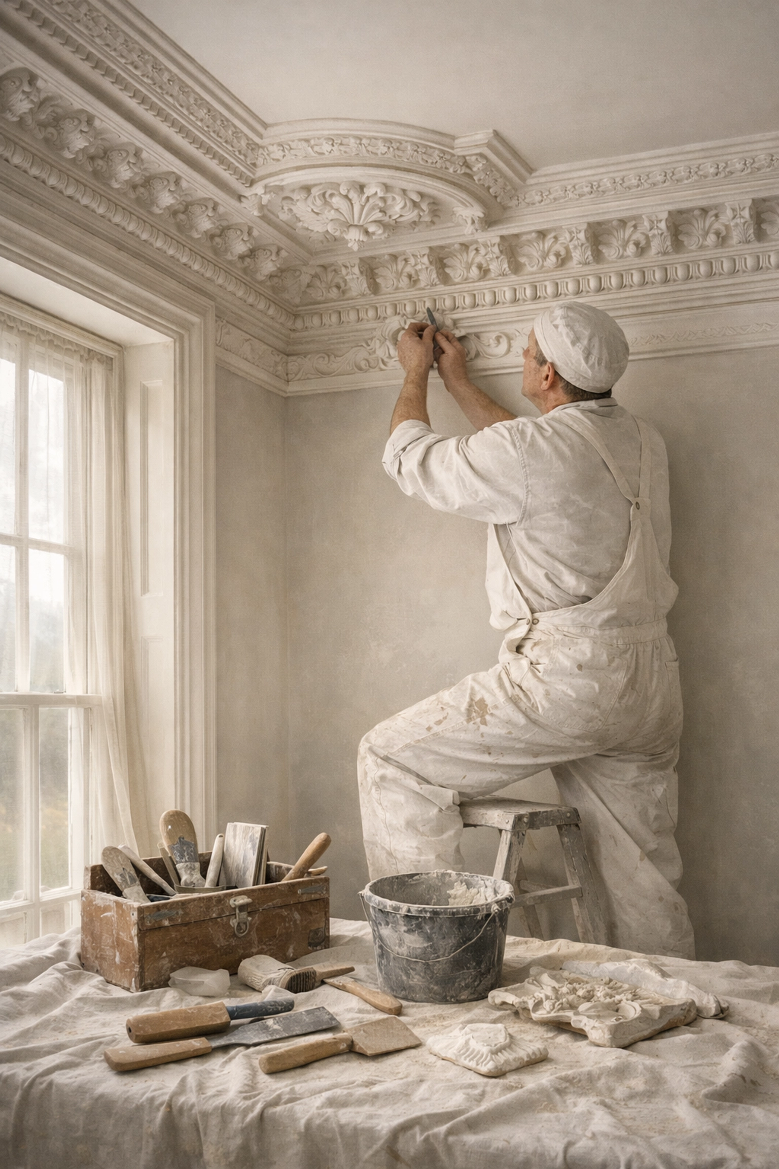 Period property decorator restoring Victorian plasterwork and ornate ceiling cornicing