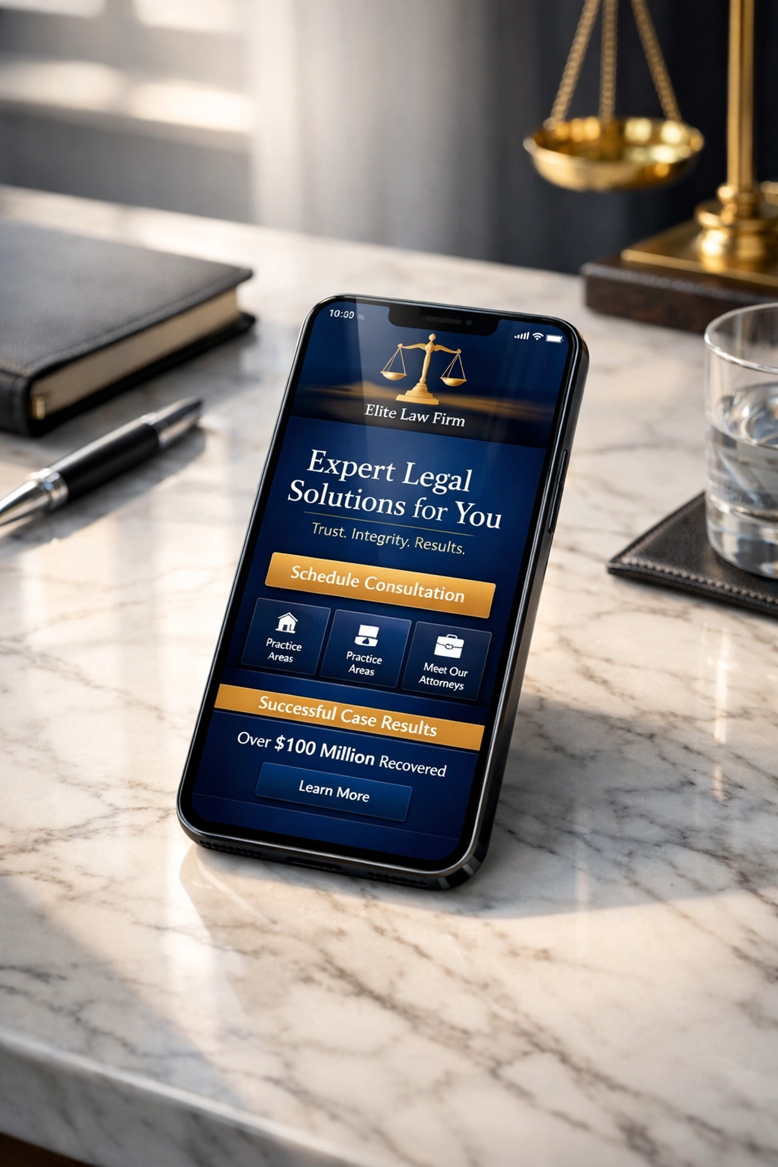 A smartphone displaying a clean law firm website, highlighting mobile-first design for personal injury lead conversion.