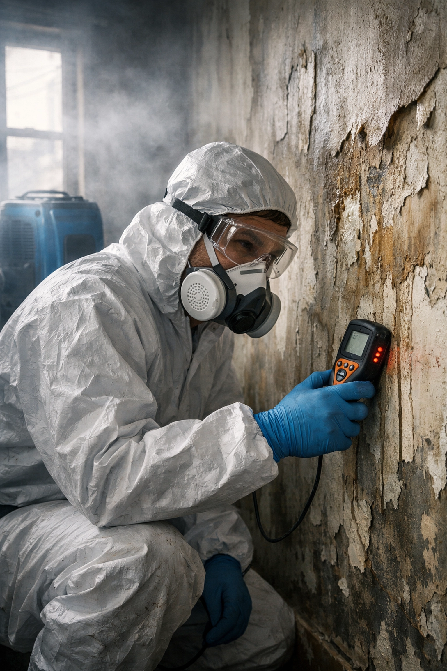 Professional water damage restoration technician inspecting damaged wall with moisture meter