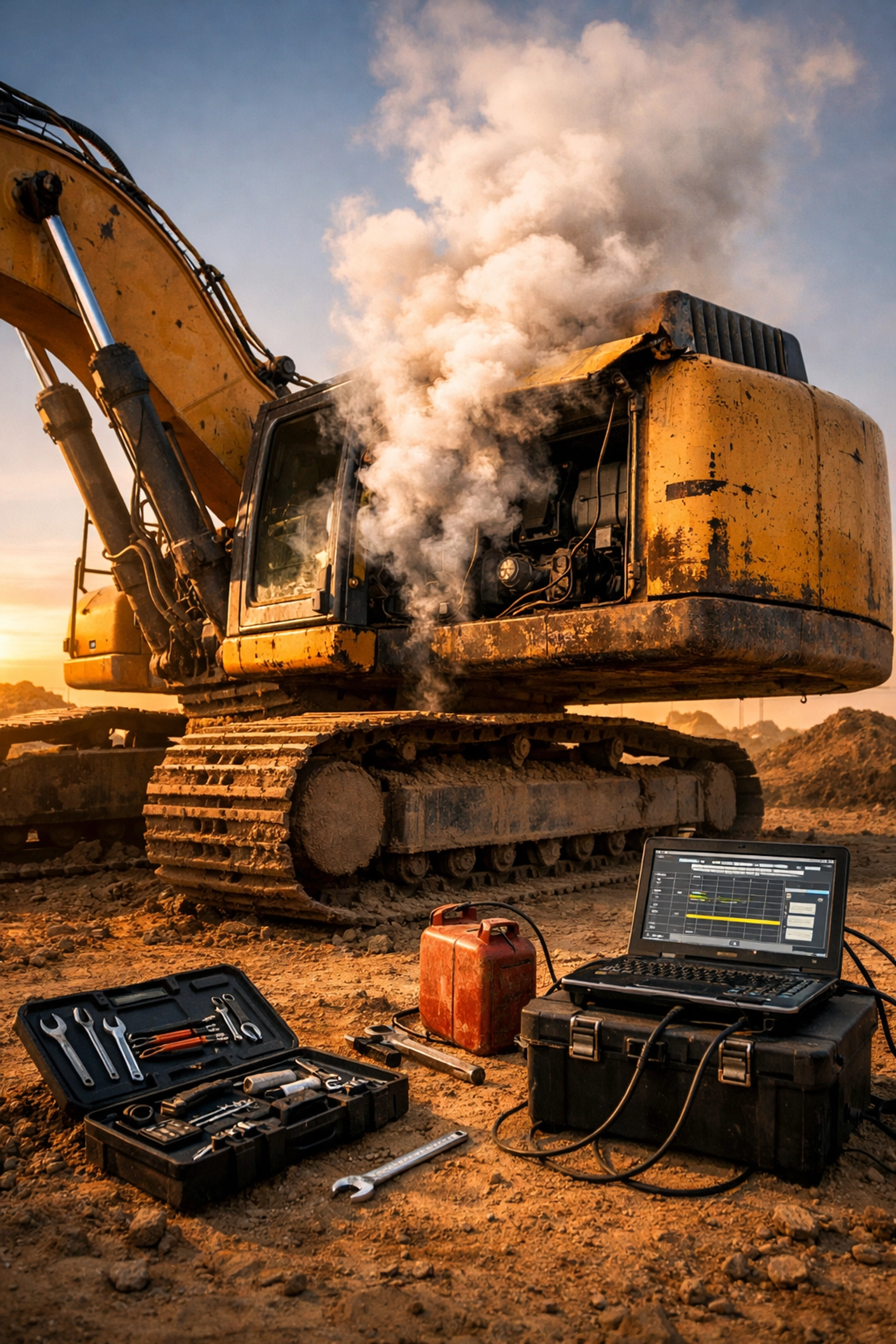 Excavator experiencing mechanical failure at construction site showing equipment breakdown