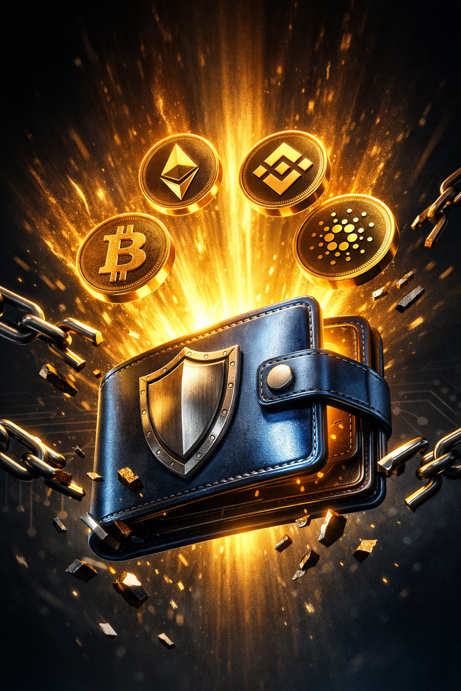 Self-custody crypto wallet with coins breaking free from chains, symbolizing financial sovereignty