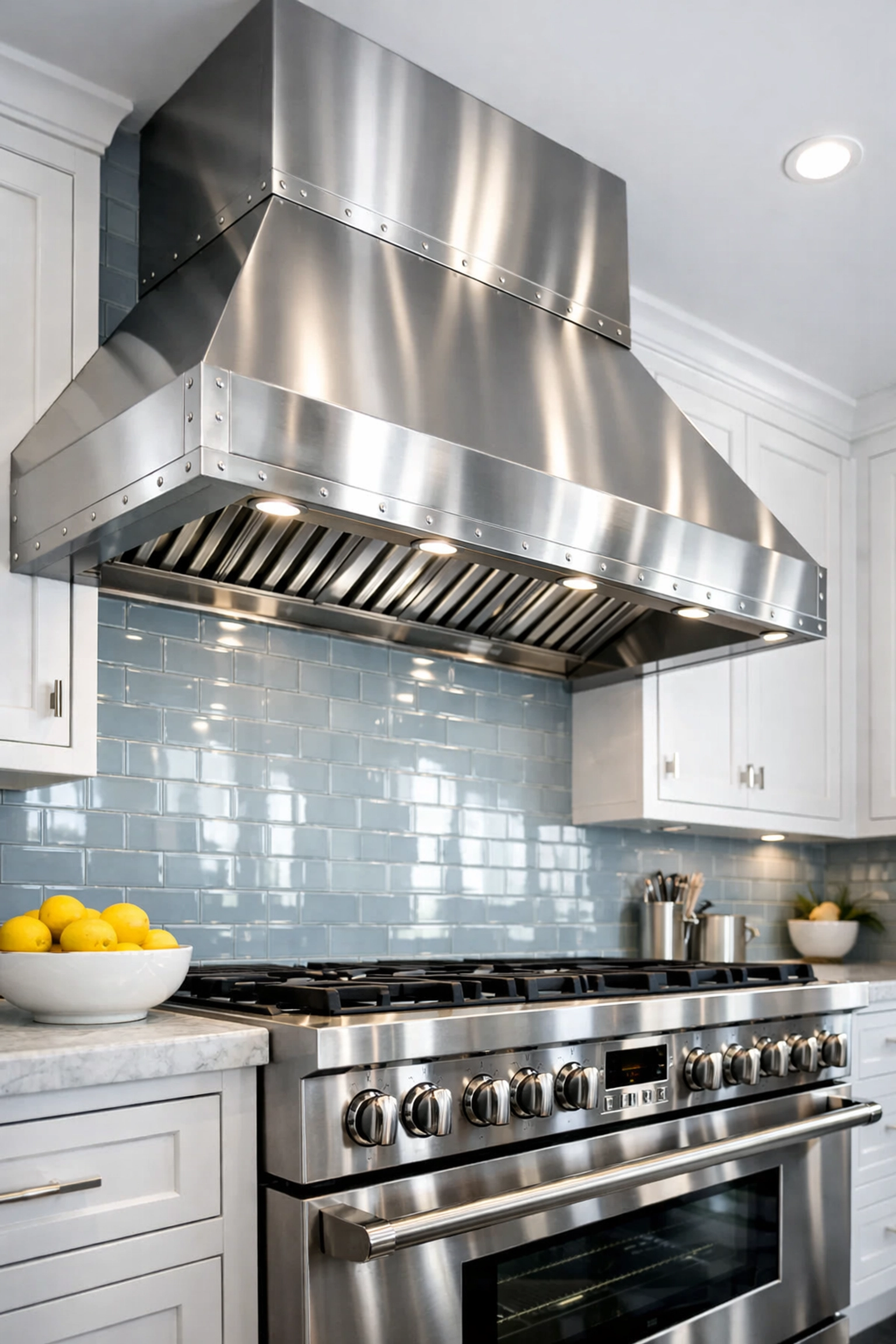 Spotless modern kitchen with clean stainless steel stove and range hood from deep cleaning Worcester services.