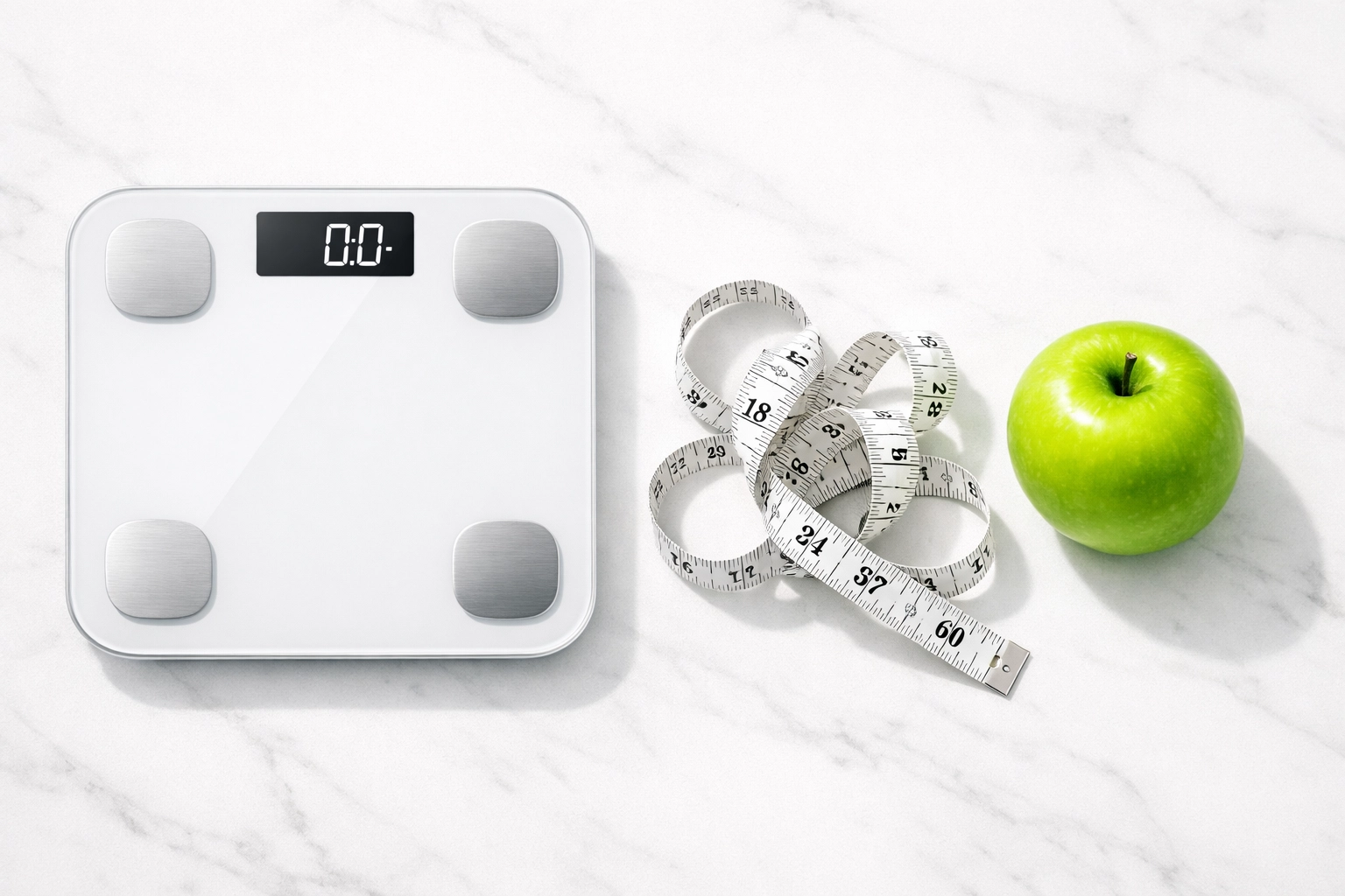Health assessment tools including a smart scale and measuring tape for weight loss eligibility.