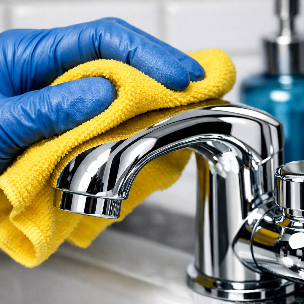 Expert cleaners in Shrewsbury, MA polishing a chrome faucet to a mirror-like shine with a microfiber cloth.