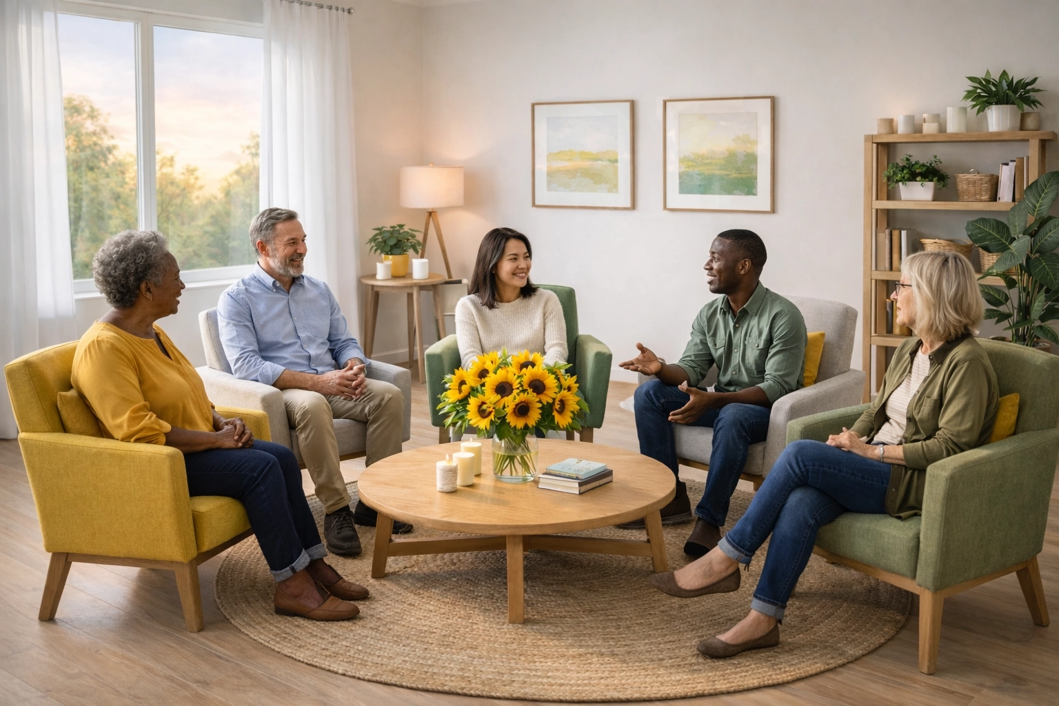 A warm group counseling room with a circle of chairs, perfect for a Saturday grief group meeting.