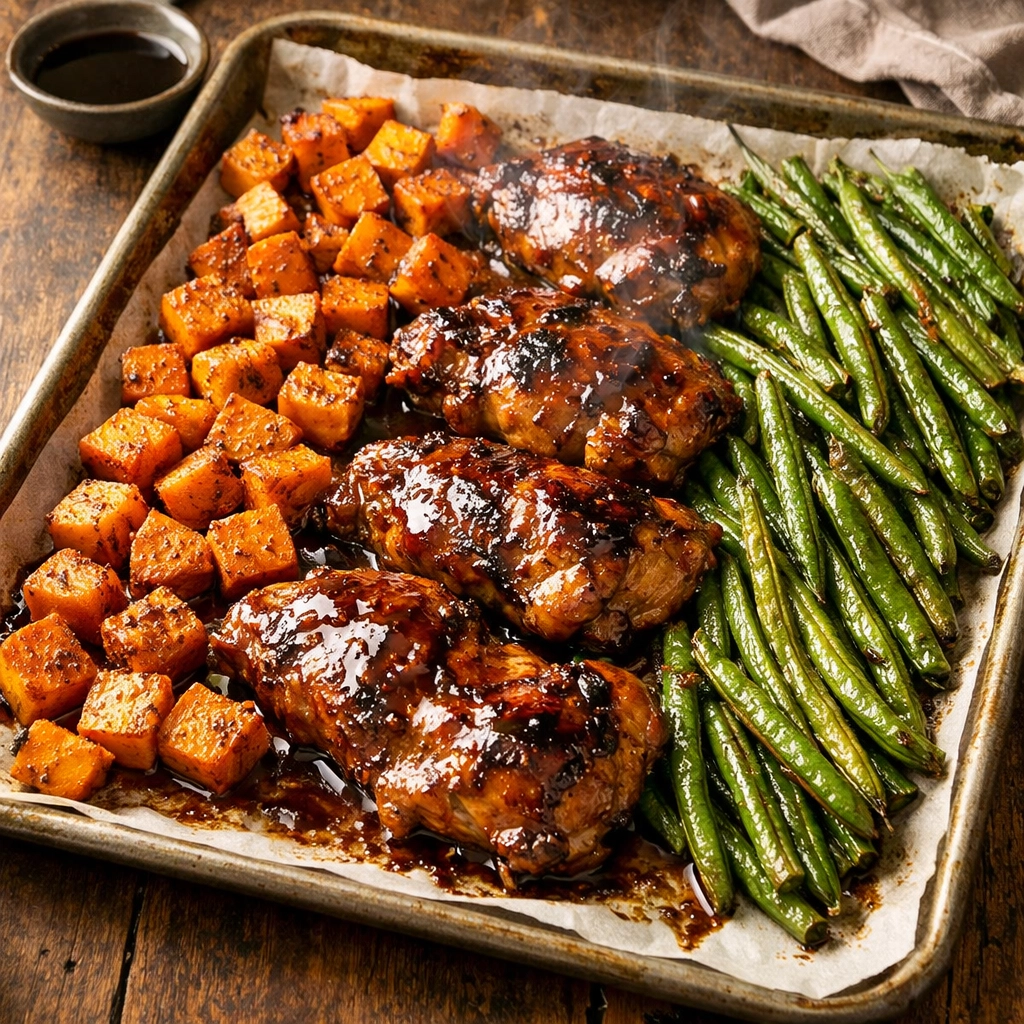 5-ingredient sheet pan maple balsamic chicken with sweet potatoes and green beans for an easy weeknight dinner.