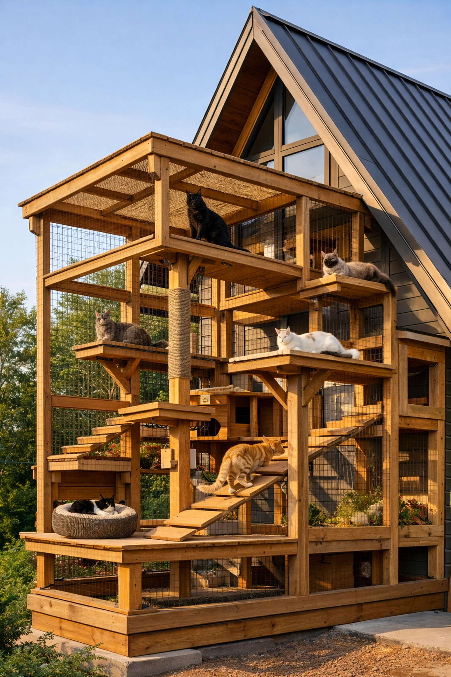 Custom multi-level catio with cats lounging on platforms attached to modern home