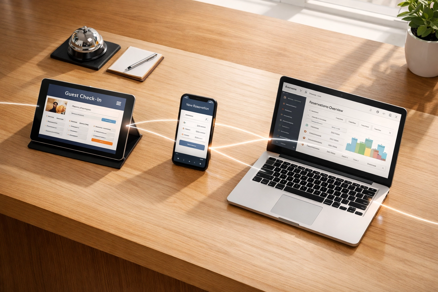 Multiple connected devices showing seamless hotel property management system integration