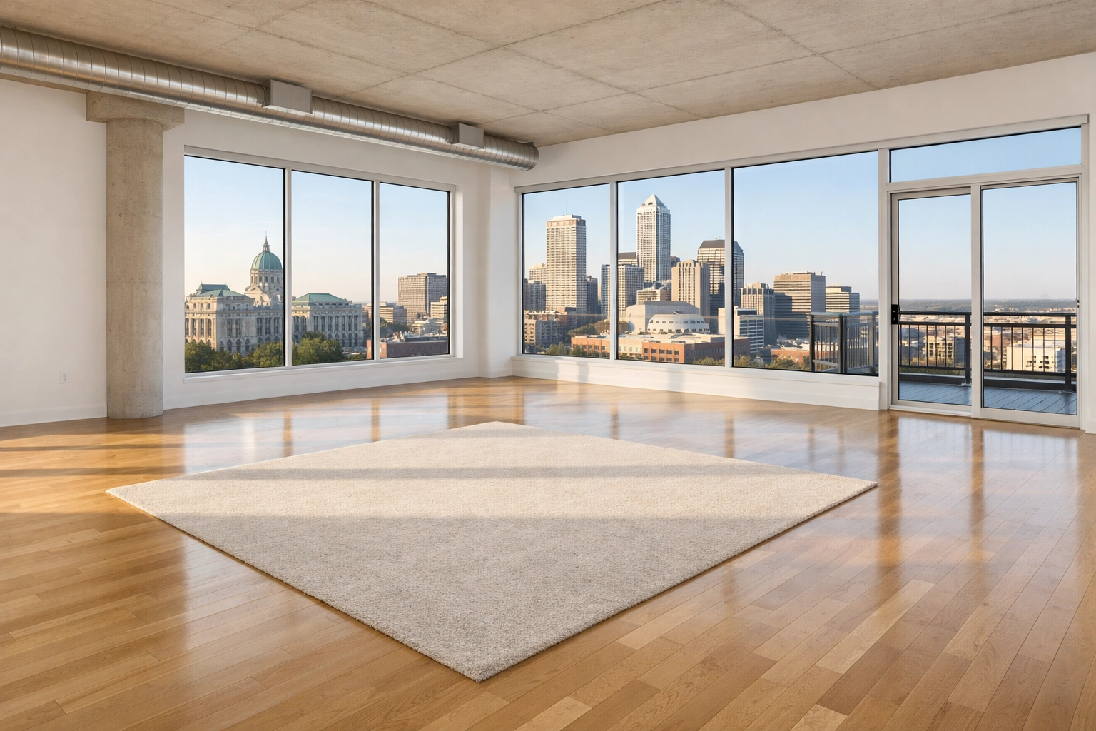 Clean luxury loft in Indianapolis with polished floors, showing professional turnover standards.