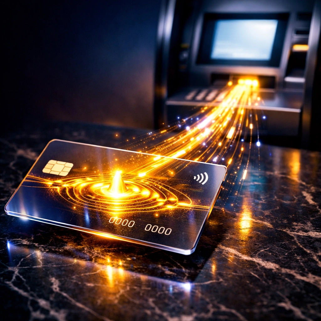 A digital crypto payment card showing stablecoin security and instant push-to-card liquidity for merchants.