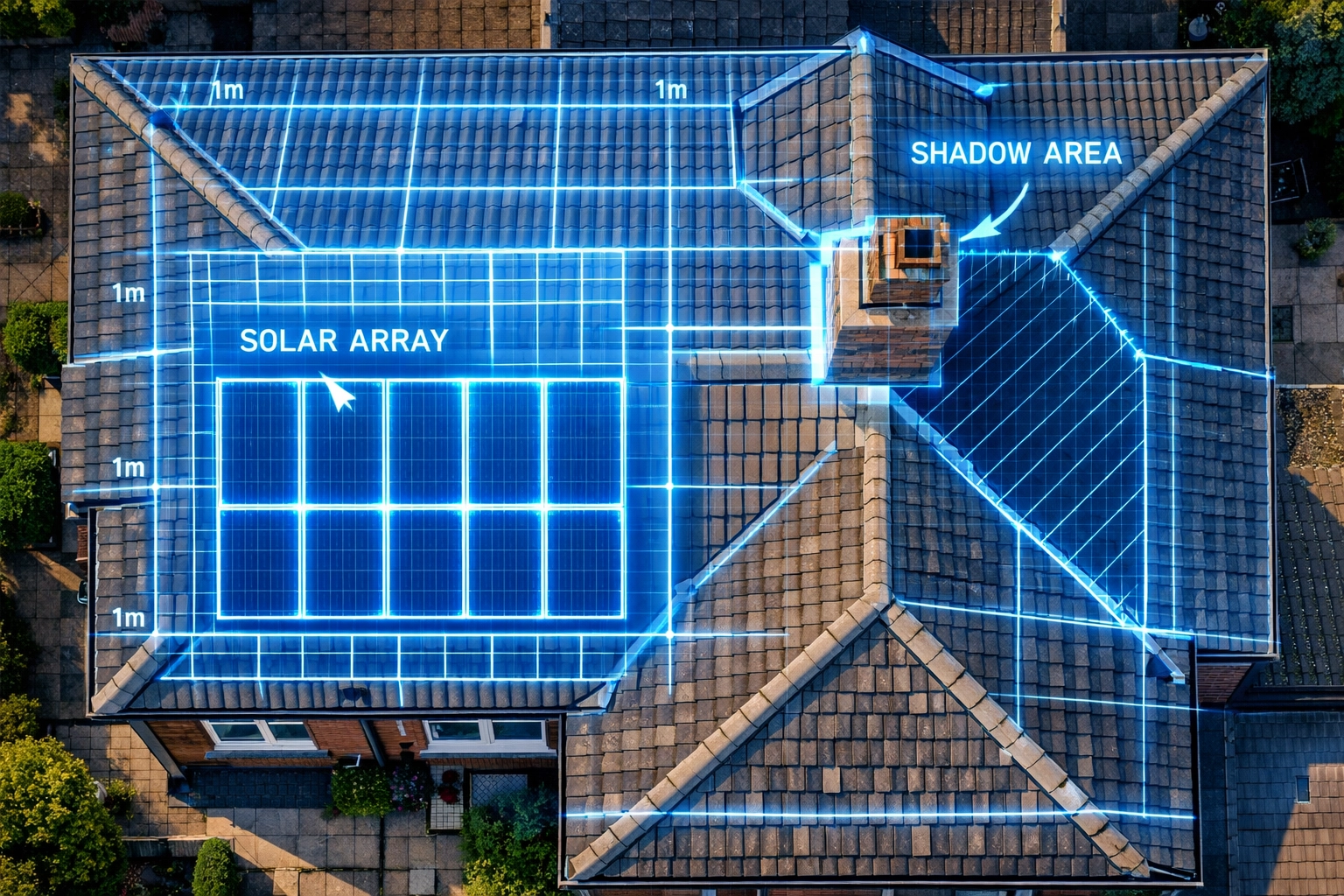 High-tech digital roof survey and CAD mapping for precise solar panel placement on a UK home.