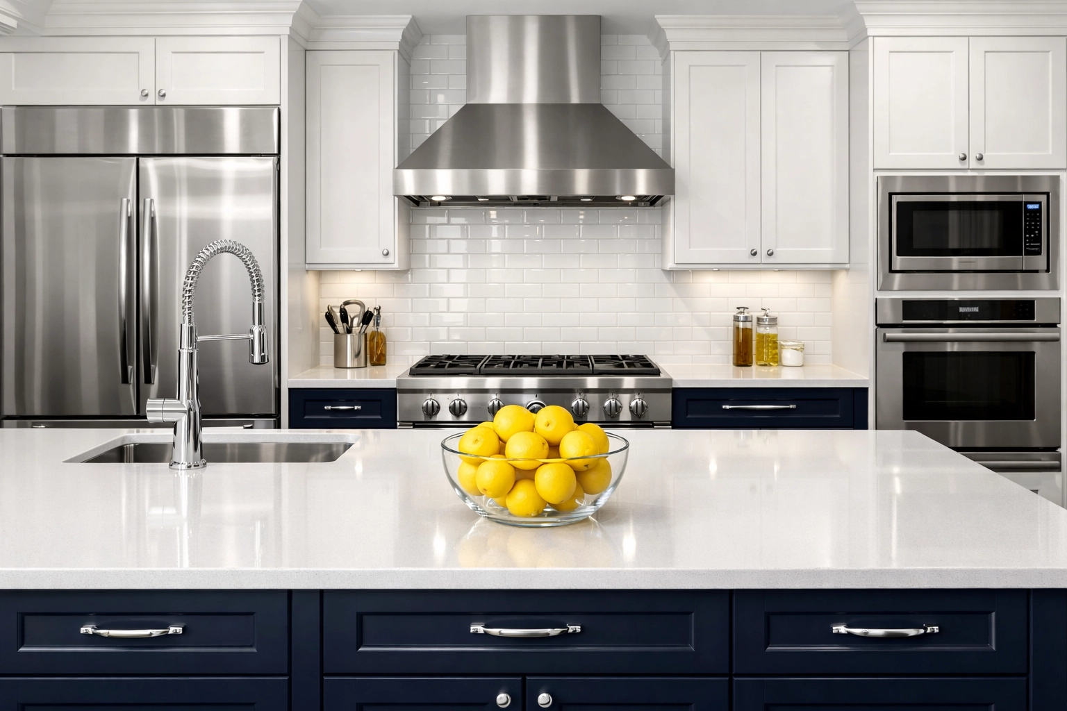 A sparkling luxury kitchen with navy cabinets, deep cleaned by an expert Maid Service Boston.
