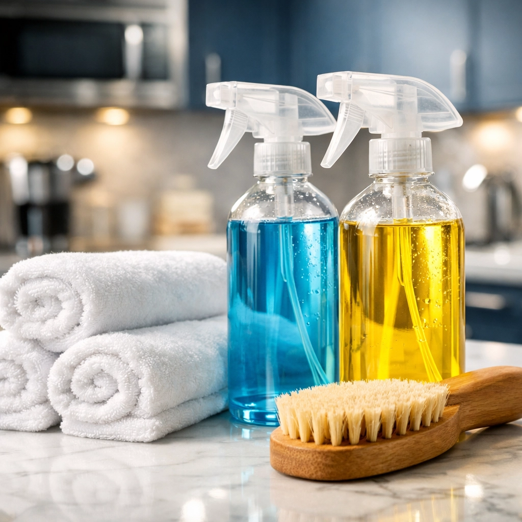 Eco-friendly cleaning supplies and microfiber towels used for professional office cleaning in Littleton.
