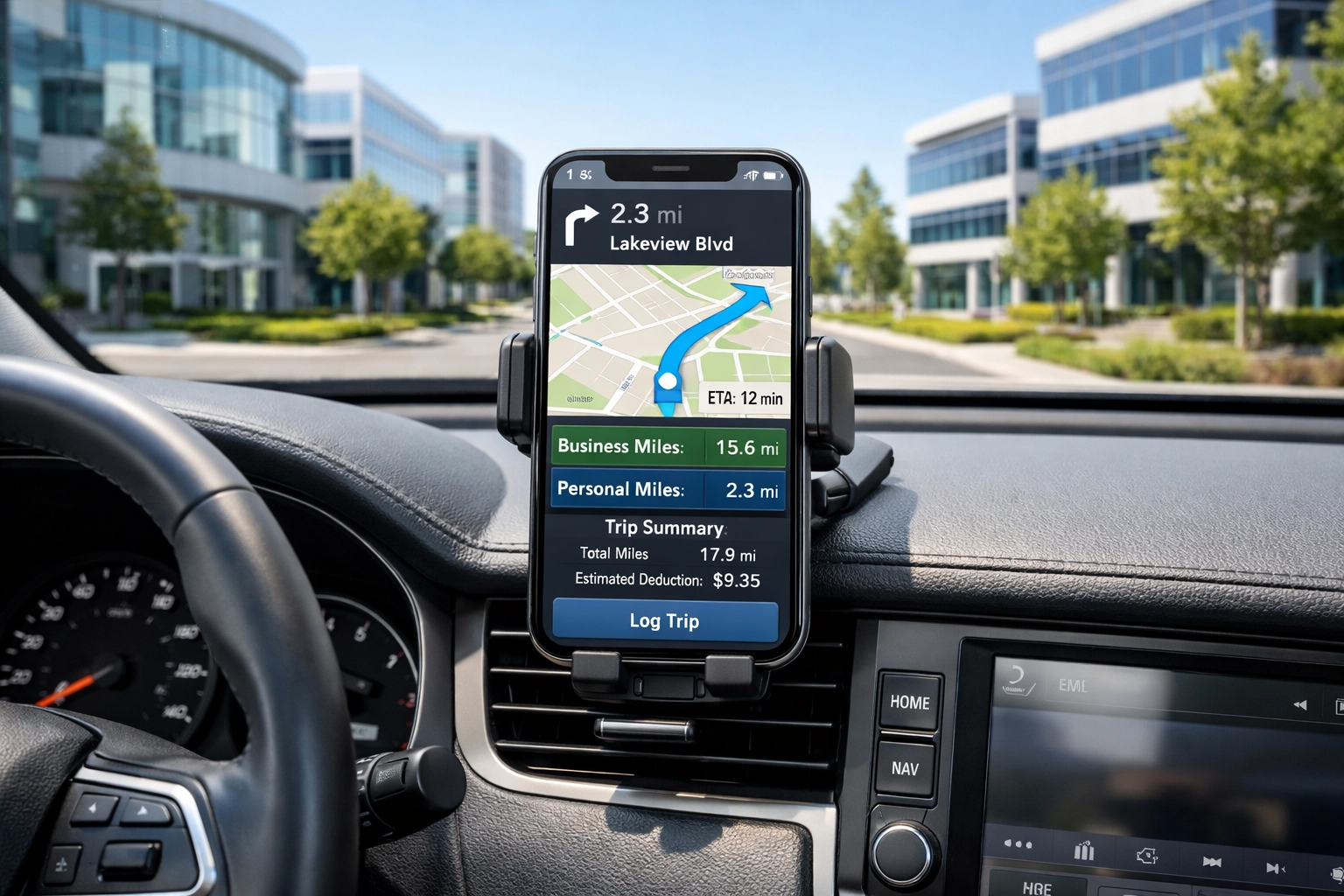 Automated mileage tracking app on a smartphone mounted in a vehicle for gig worker tax deductions.