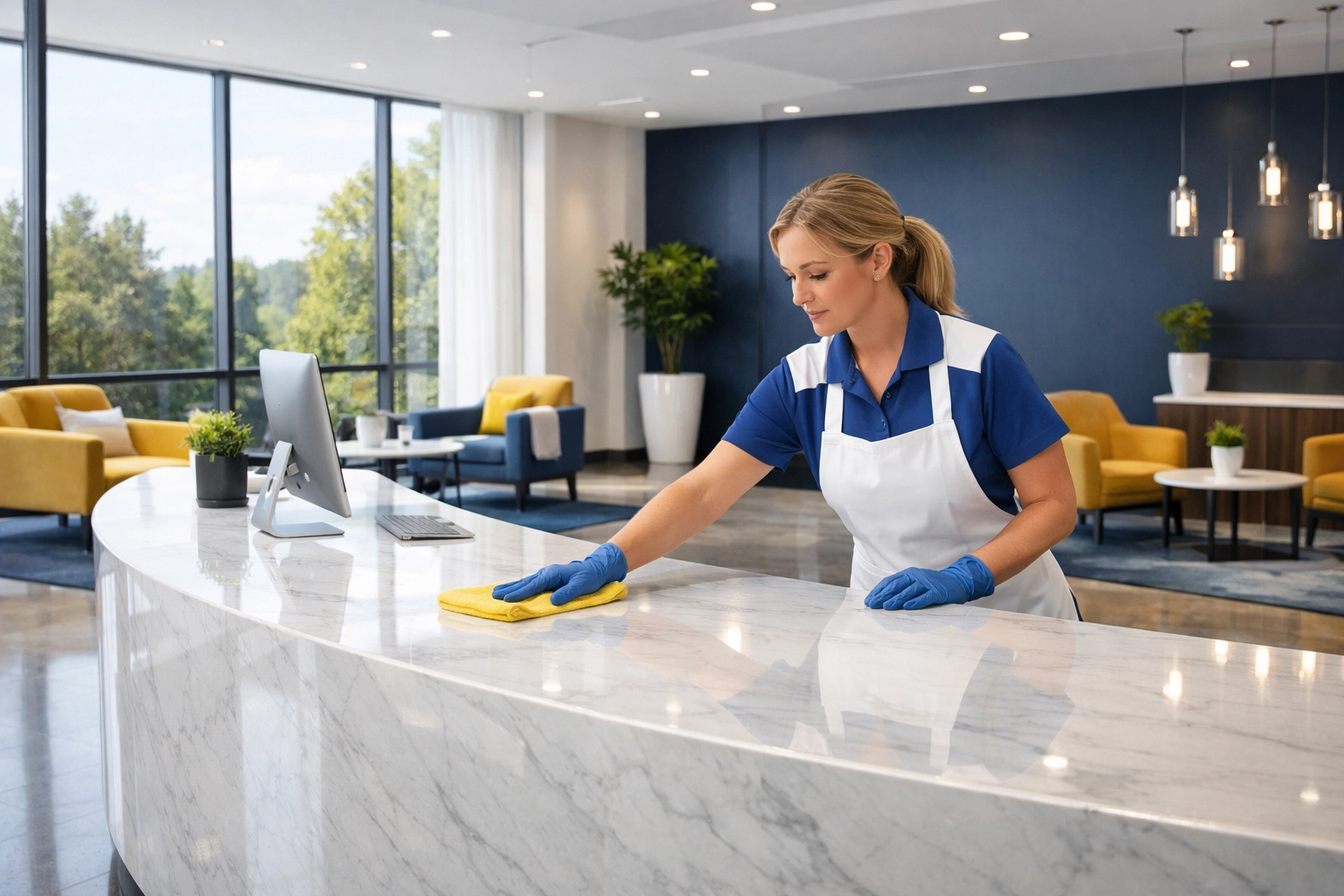Professional cleaner polishing a marble desk providing commercial cleaning services in a Northborough office.