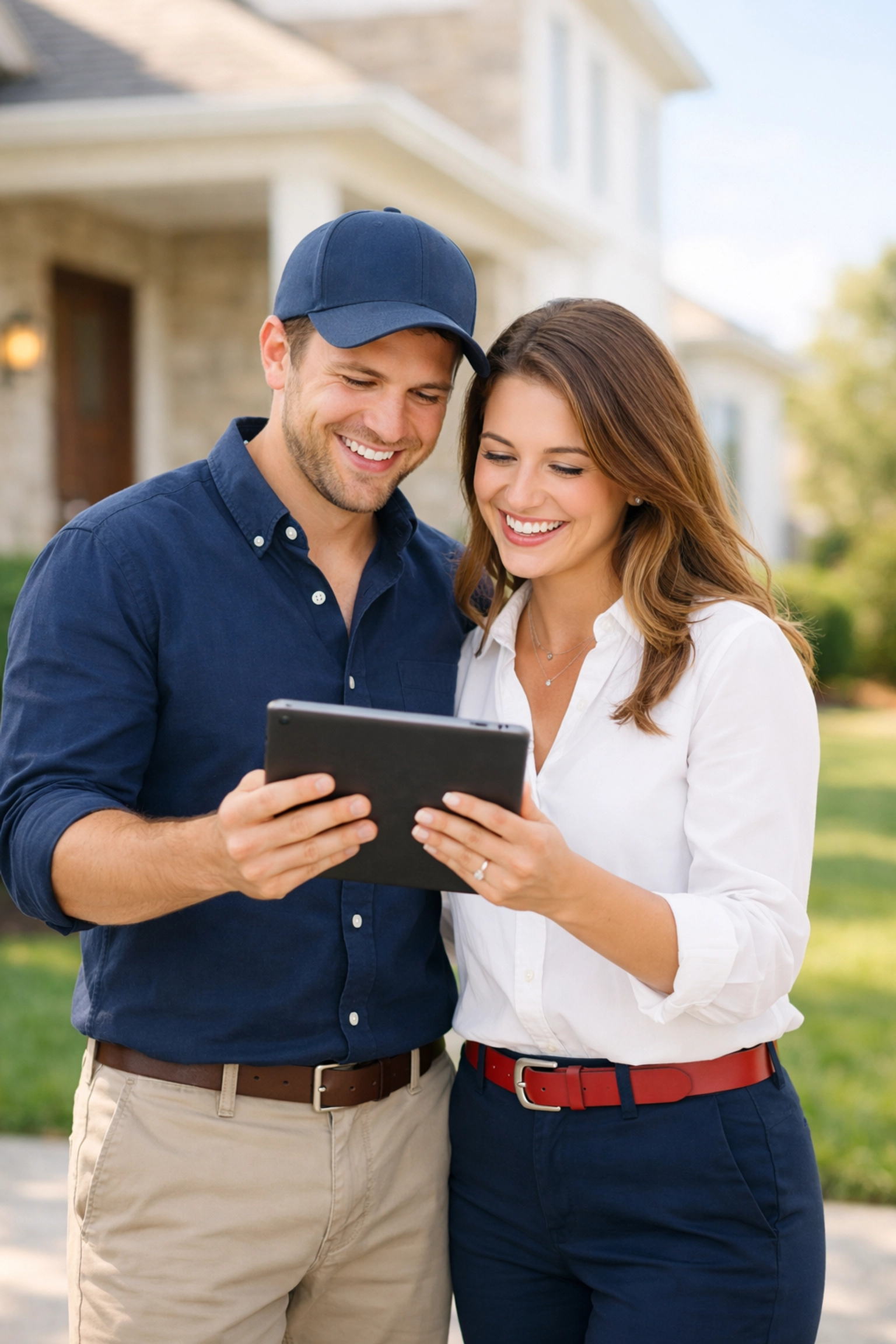 A smiling Clear Lake couple celebrating credit repair success in front of their modern Texas home.