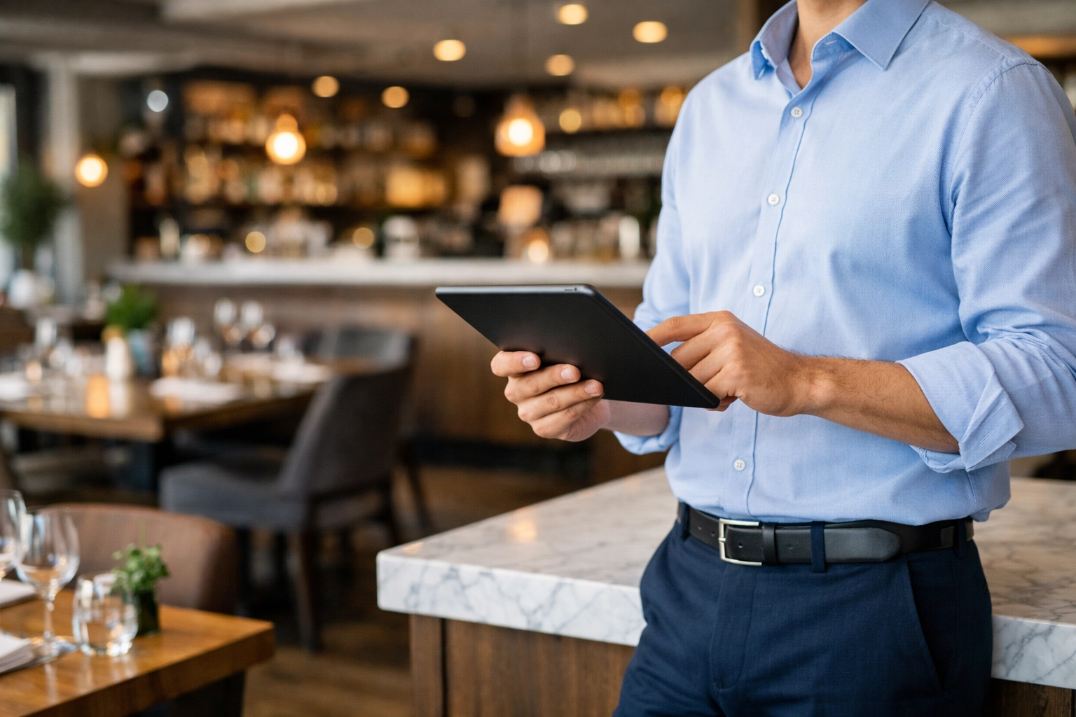 Restaurant owner using a tablet to organize files for a 2026 carrier restaurant insurance quote inspection.