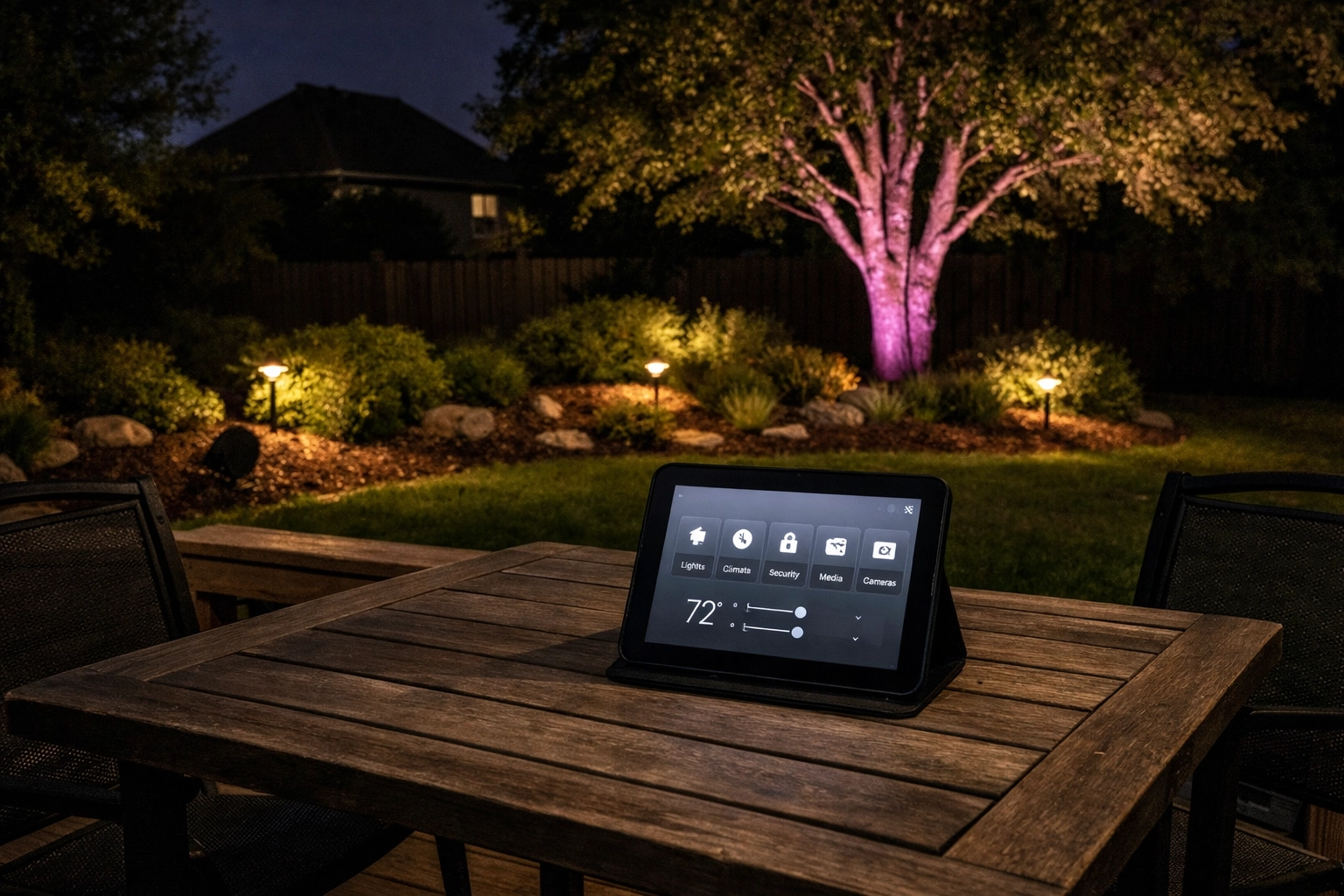 Smart home interface controlling outdoor audio and landscape lighting on a professional patio in Lexington, KY.