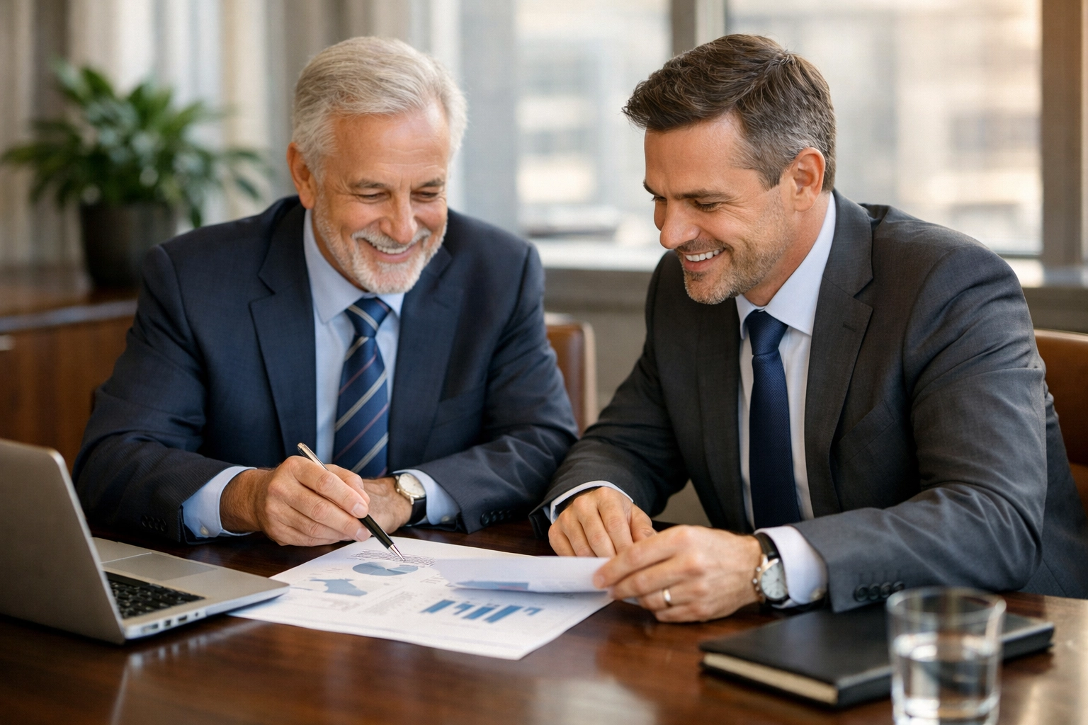 Strategic planning session for executive retention using a Restricted Executive Bonus Plan in a modern office.