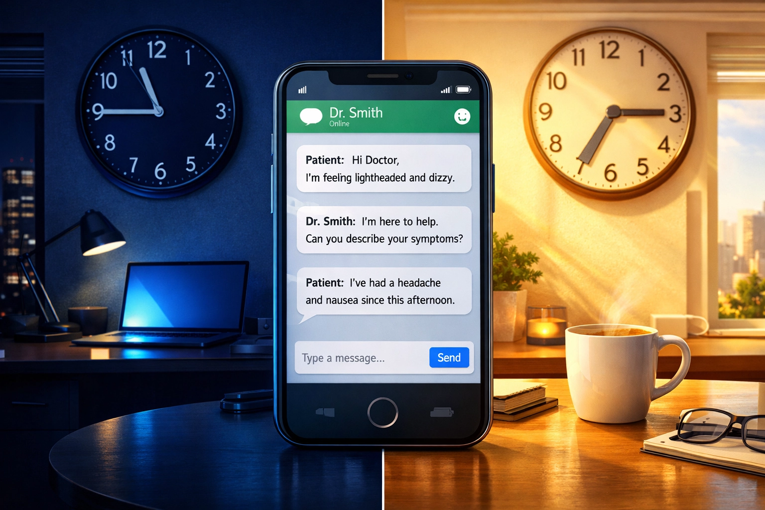 24/7 telehealth access showing day and night medical messaging availability