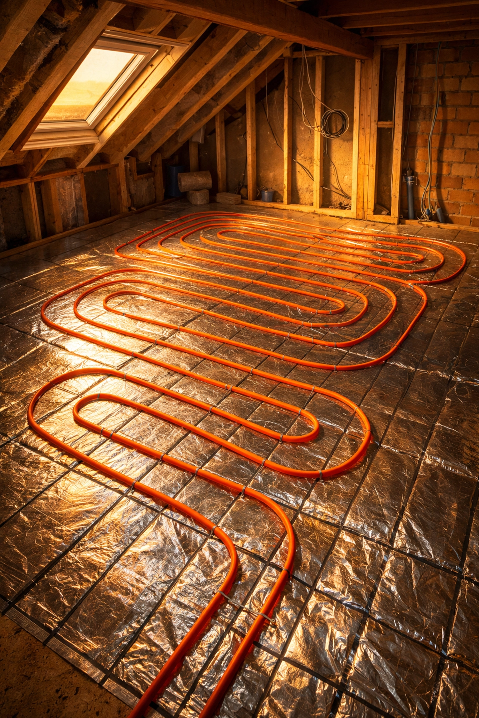 Electric underfloor heating wiring being installed in a loft conversion Bognor Regis.