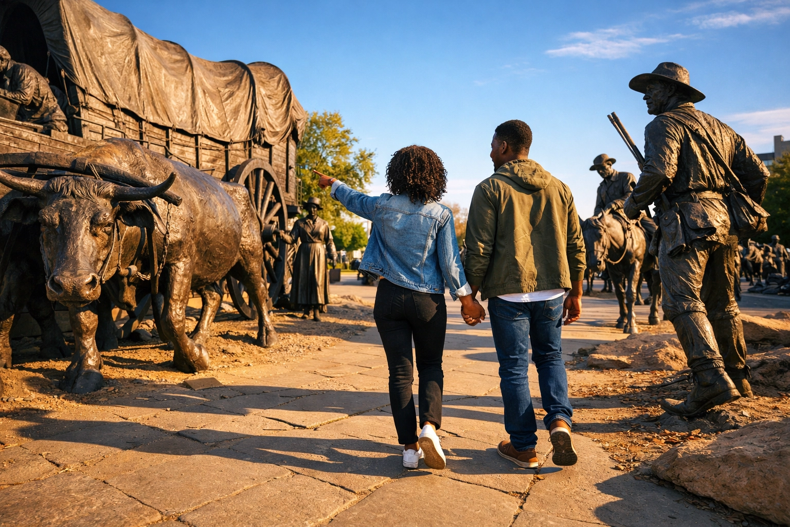 Couple exploring Pioneer Courage Park sculptures during Omaha staycation